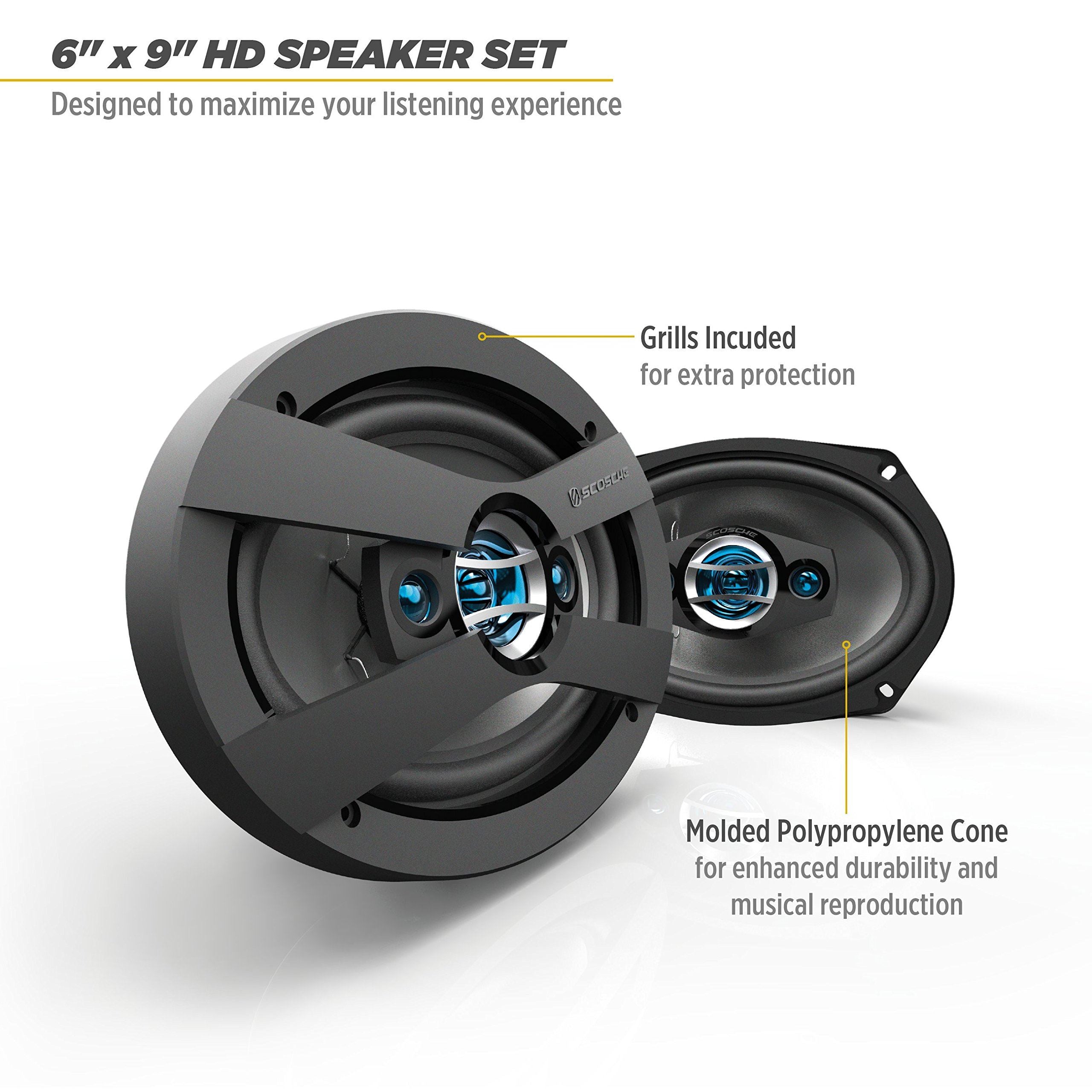 SCOSCHE HD6904 600 Watts a Pair 4 Way 6x9 Car Van Speakers Rear Shelf & Black Grilles