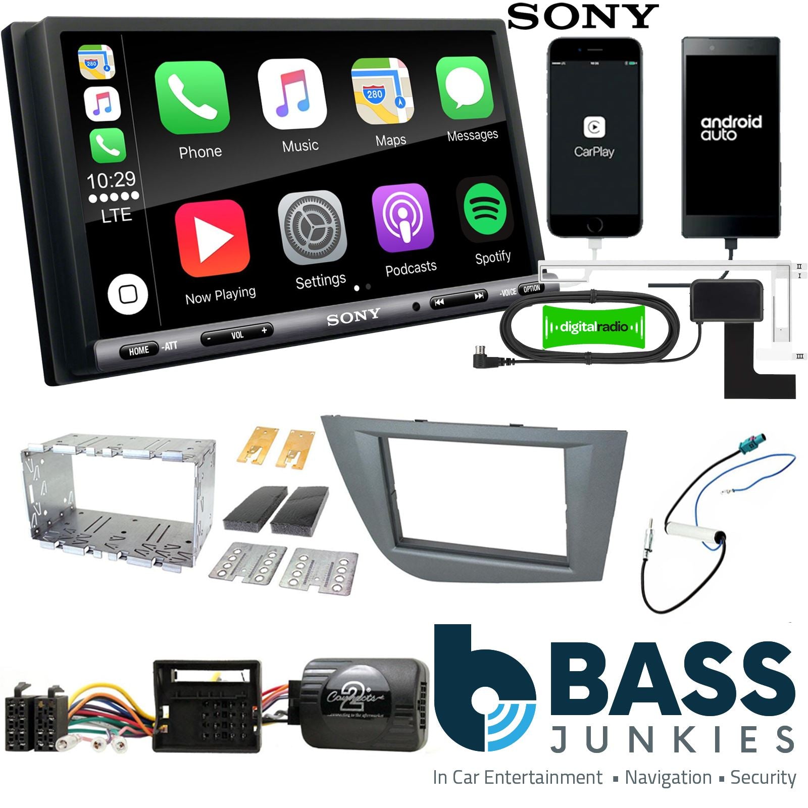 SONY DAB+ Apple | Android Double Din Stereo Fitting Kit + Steering Wheel Stalk Controls to fit Seat Leon 2005-12