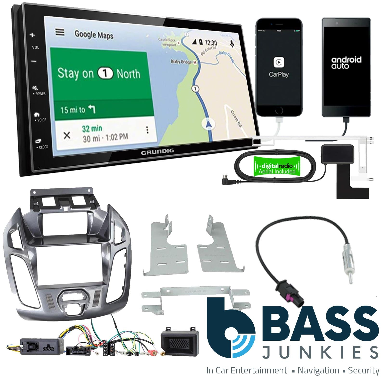 Grundig 6.8" Apple Android Double Din Stereo Fitting Kit + Steering Wheel Stalk Controls to fit Ford Transit-Connect 13-21