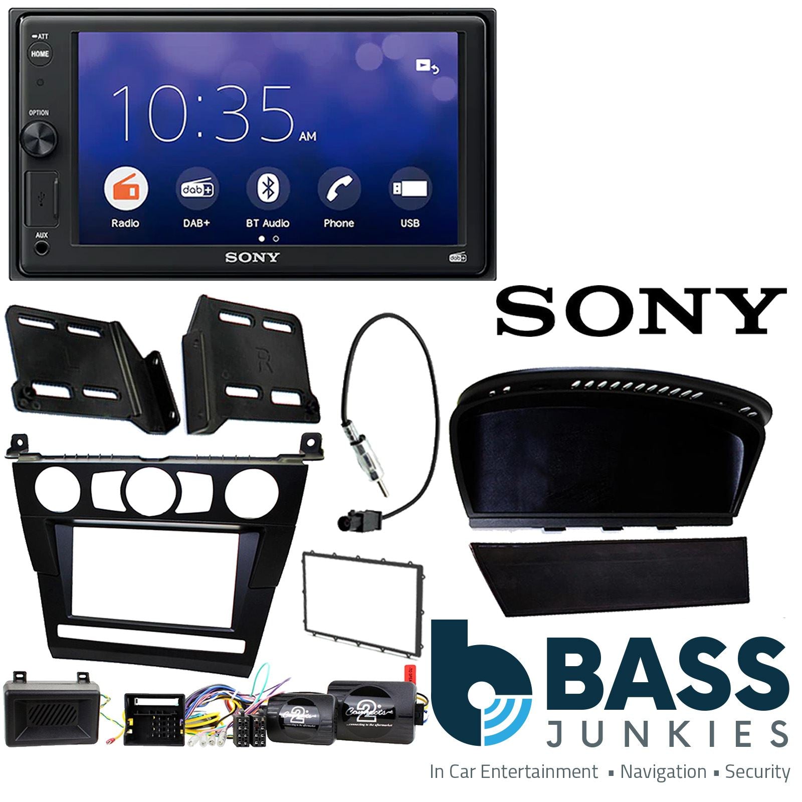 SONY XAV-1550D DAB+ Smart Bluetooth Car Radio + Stereo fitting kit + Steering Wheel Controls Loom for BMW 5-Series E60, 2003 2007