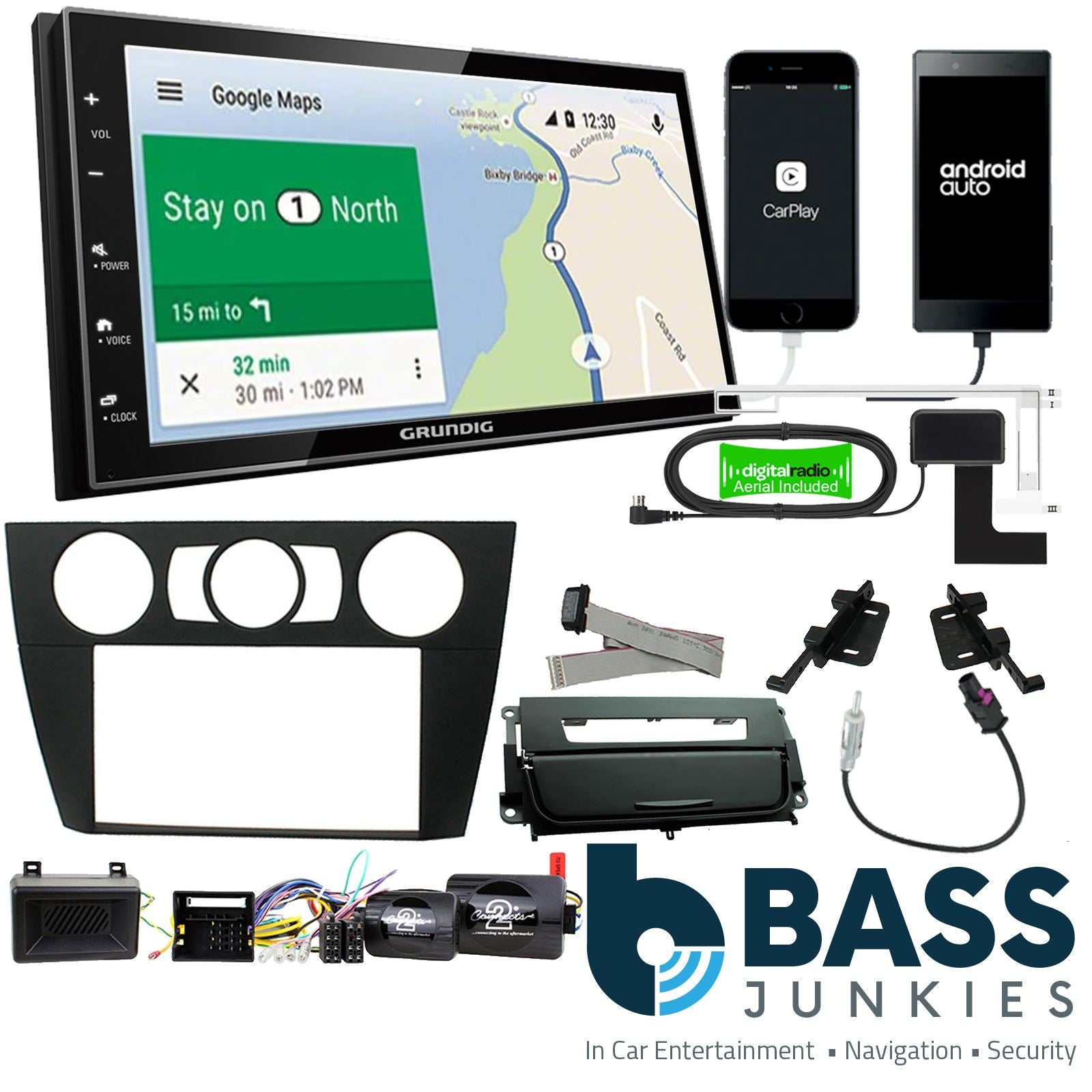 Grundig 6.8" Apple Android Double Din Stereo Fitting Kit + Steering Wheel Stalk Controls to fit BMW 3-Series 2005-12