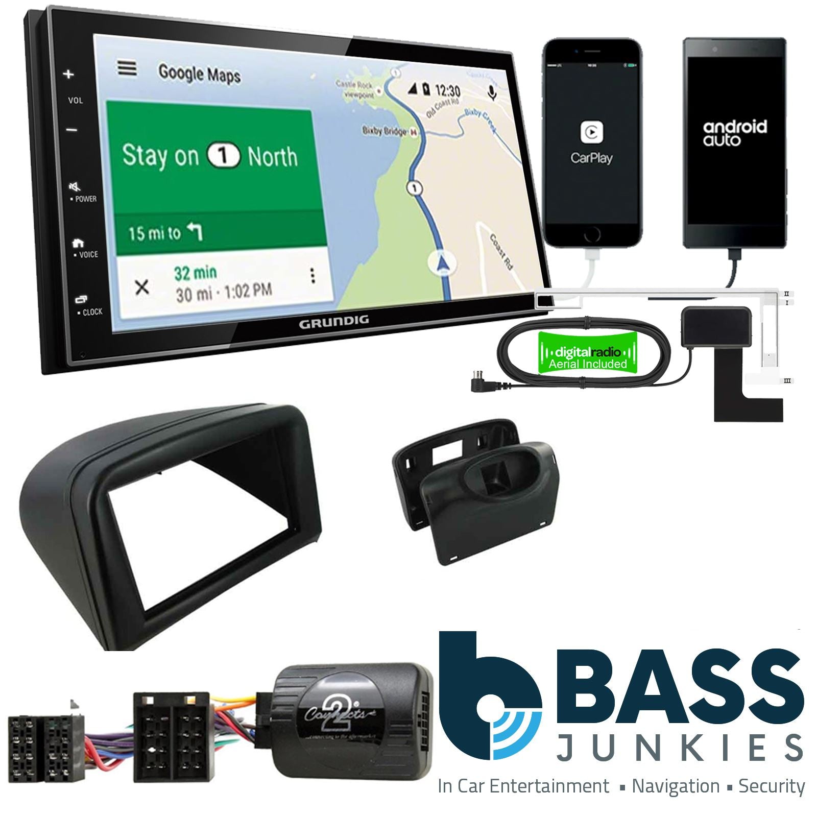 Grundig 6.8" Apple Android Double Din Stereo Fitting Kit + Steering Wheel Stalk Controls to fit Peugeot 206 2002-09