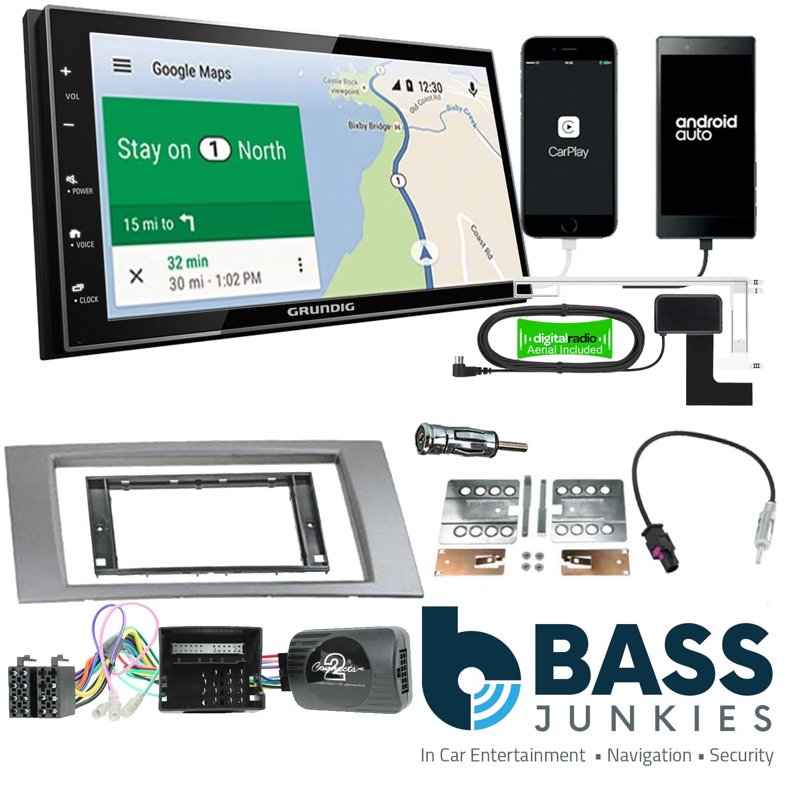 Grundig 6.8" Apple Android Double Din Stereo & Fitting Kit + Steering Wheel Stalk Controls to fit Ford Galaxy 06-15 | Fiesta 05-08 | Focus 04-07 | Fusion 05-12 | Kuga 08-12 | Transit 06-13