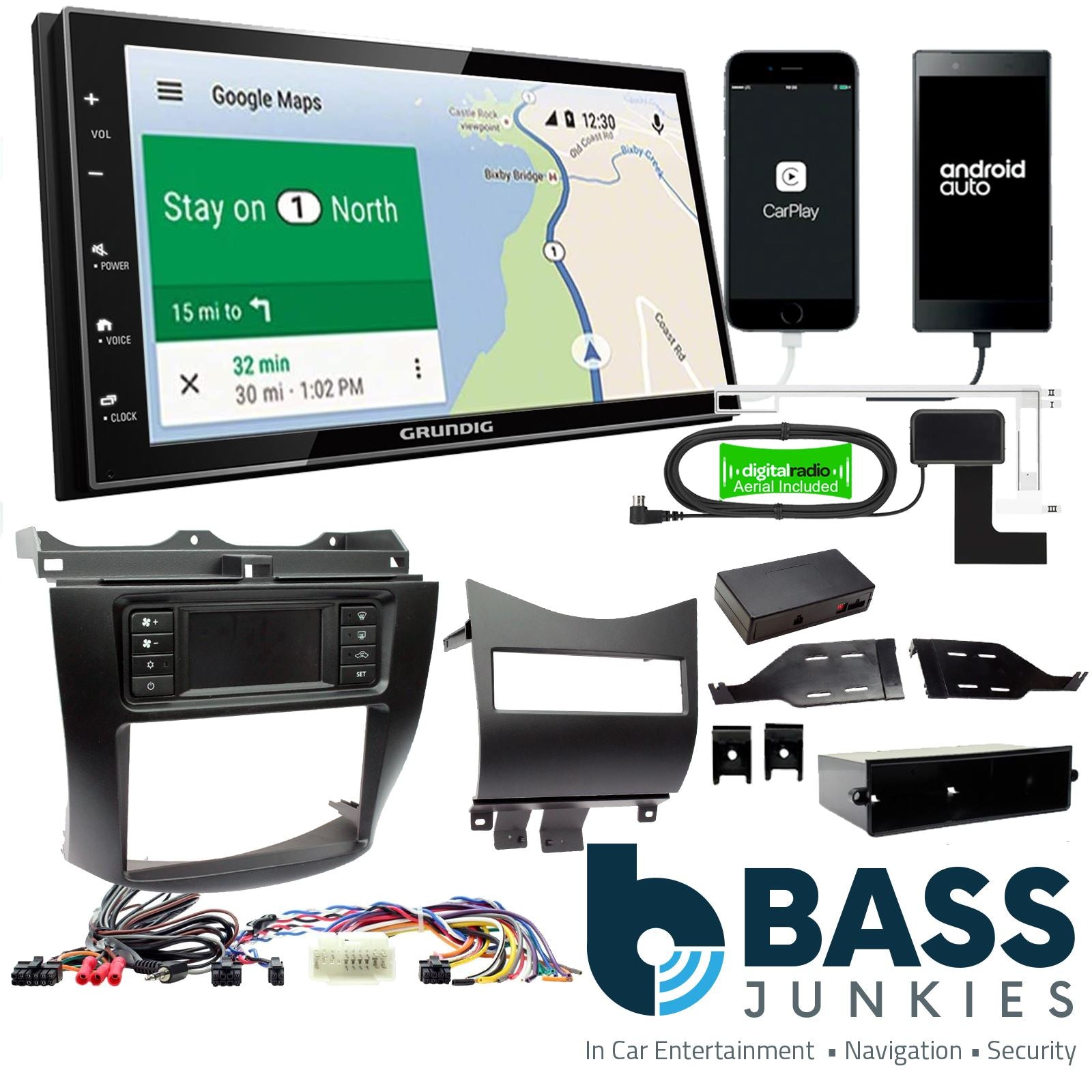 Grundig 6.8" Apple Android Double Din Stereo Fitting Kit + Steering Wheel Stalk Controls to fit Honda Accord 2003-07