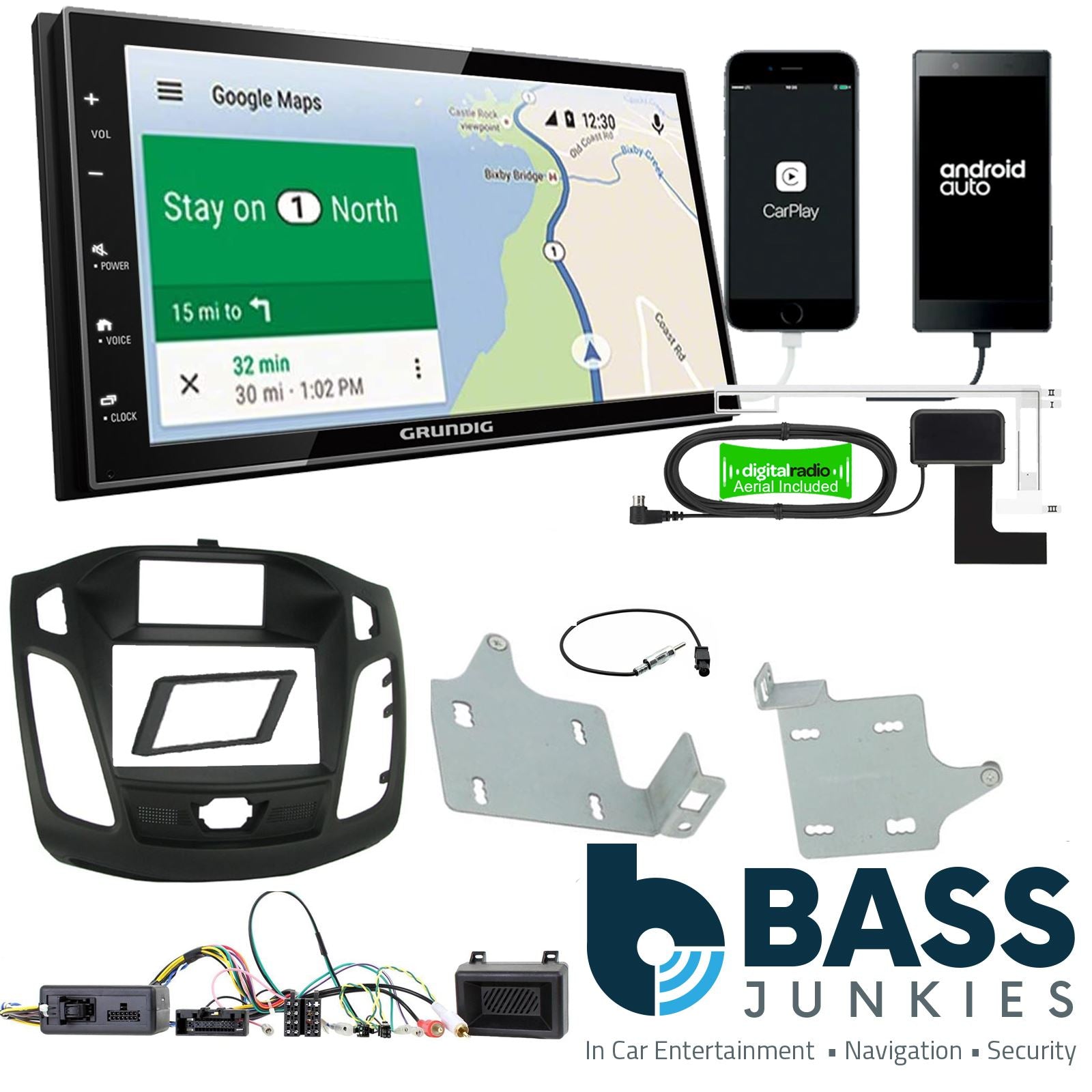 Grundig 6.8" Apple Android Double Din Stereo Fitting Kit + Steering Wheel Stalk Controls to fit Ford Focus 2011-15
