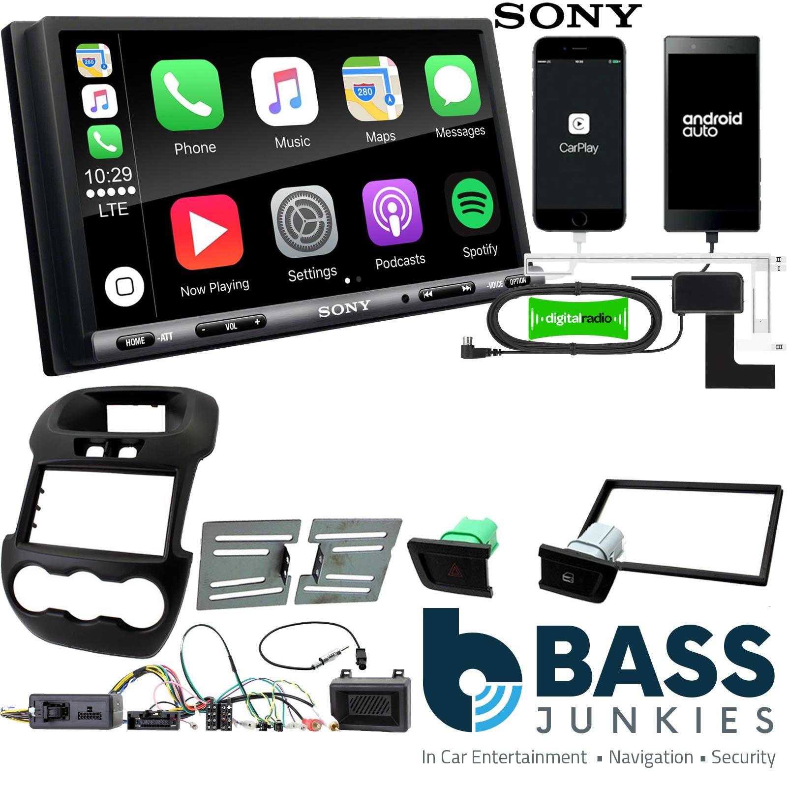SONY DAB+ Apple | Android Double Din Stereo Fitting Kit + Steering Wheel Stalk Controls to fit Ford Ranger 2012-16