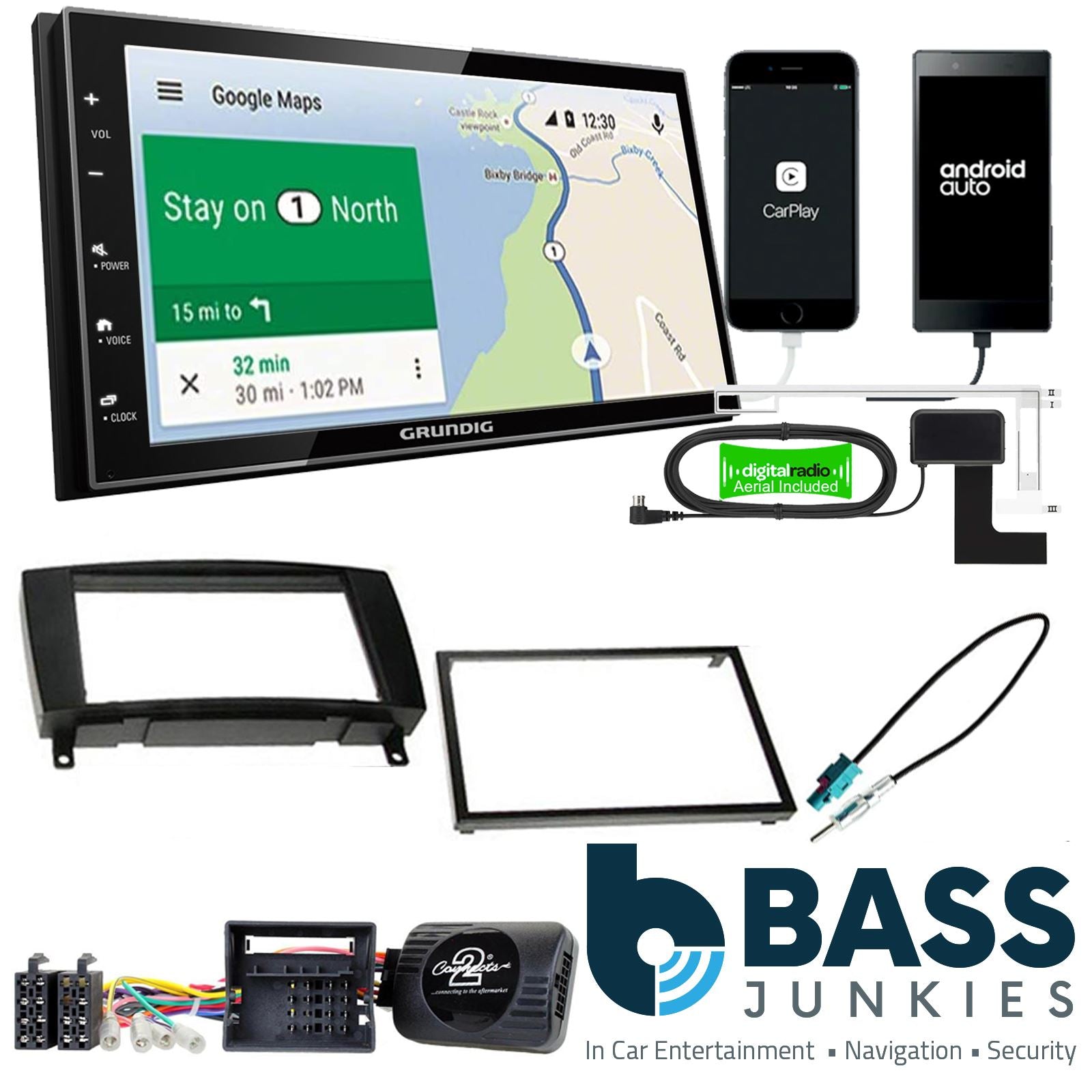 Grundig 6.8" Apple Android Double Din Stereo Fitting Kit + Steering Wheel Stalk Controls to fit Mercedes CLK 2004-09
