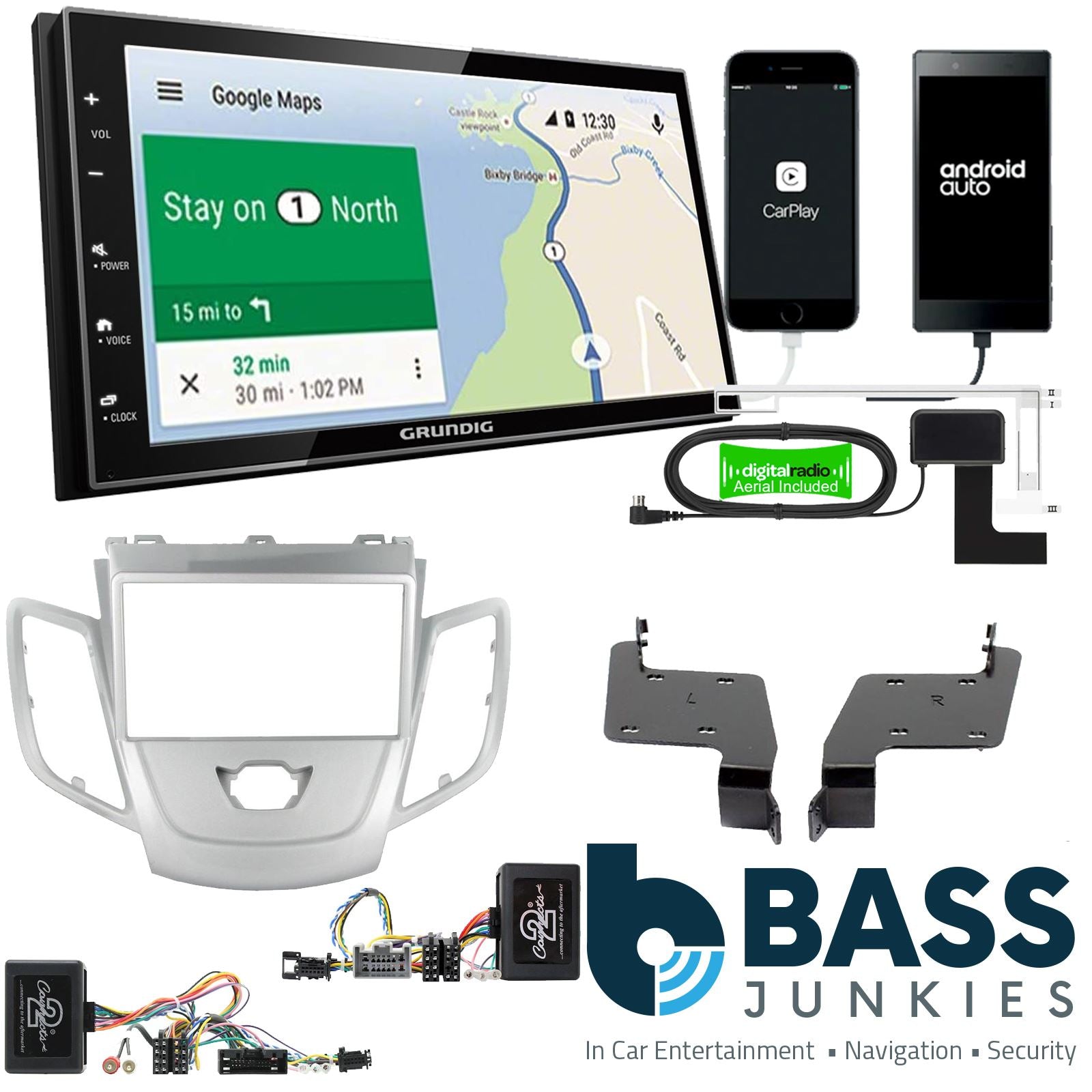 Grundig 6.8" Apple Android Double Din Stereo Fitting Kit + Steering Wheel Stalk Controls to fit Ford Fiesta 2008-12