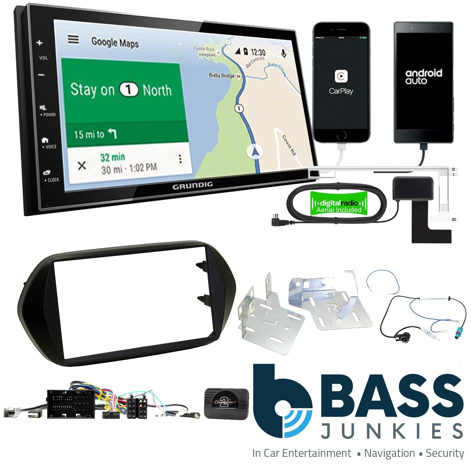 Grundig 6.8" Apple Android Double Din Stereo Fitting Kit + Steering Wheel Stalk Controls to fit Fiat Tipo 2015-21