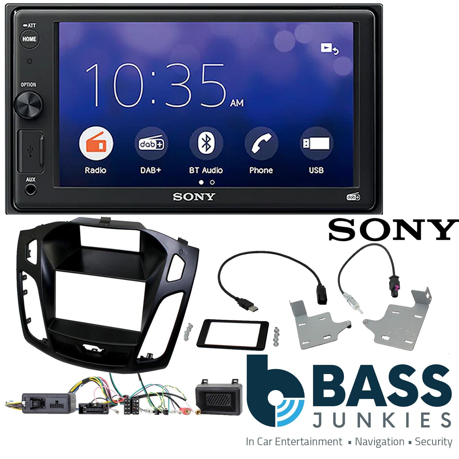 SONY XAV-1550D DAB+ Smart Bluetooth Car Radio + Stereo fitting kit + Steering Wheel Controls Loom for Ford Focus 2015-2018