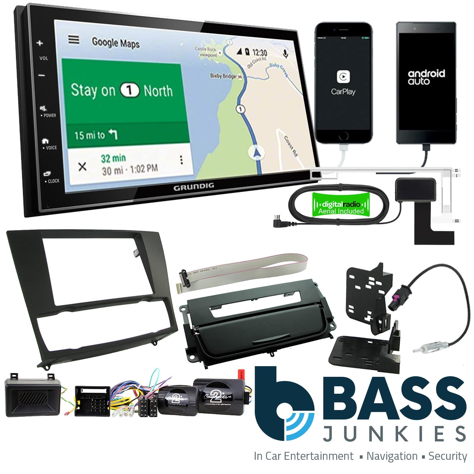 Grundig 6.8" Apple Android Double Din Stereo Fitting Kit + Steering Wheel Stalk Controls to fit BMW 3-Series 2005-12