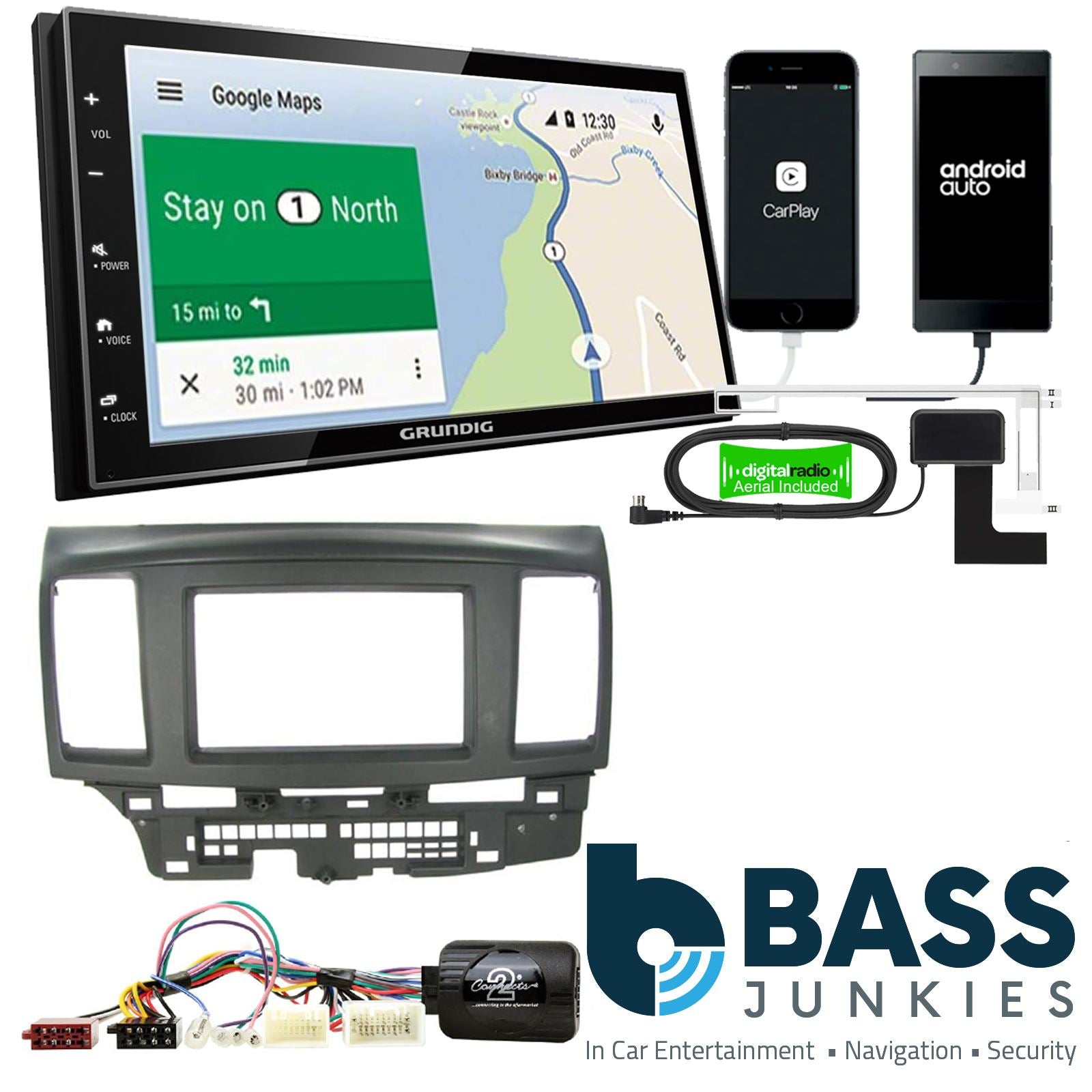 Grundig 6.8" Apple Android Double Din Stereo Fitting Kit + Steering Wheel Stalk Controls to fit Mitsubishi Lancer 2008-10