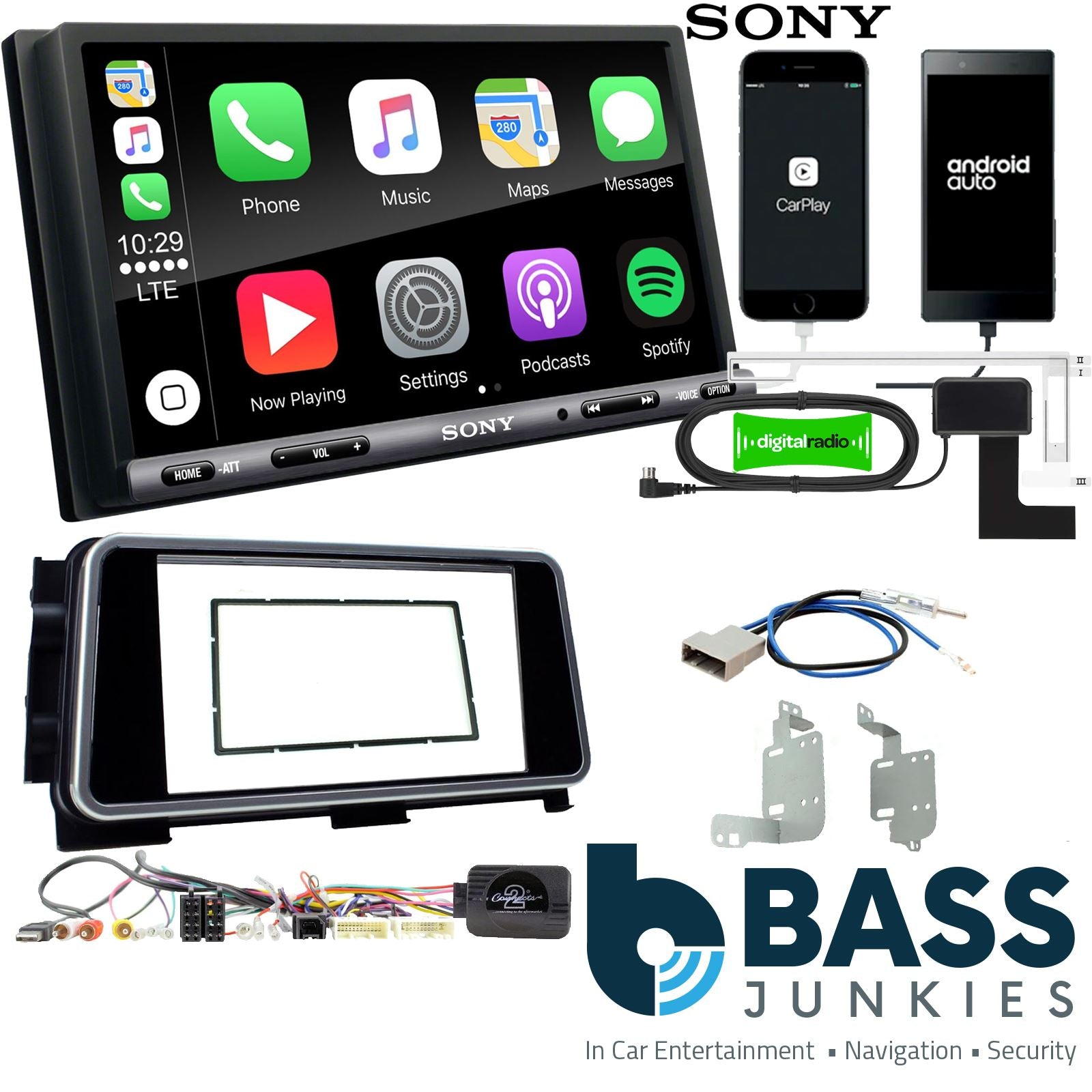 SONY DAB+ Apple | Android Double Din Stereo Fitting Kit + Steering Wheel Stalk Controls to fit Nissan Kicks 2017- | Nissan Micra 2017-