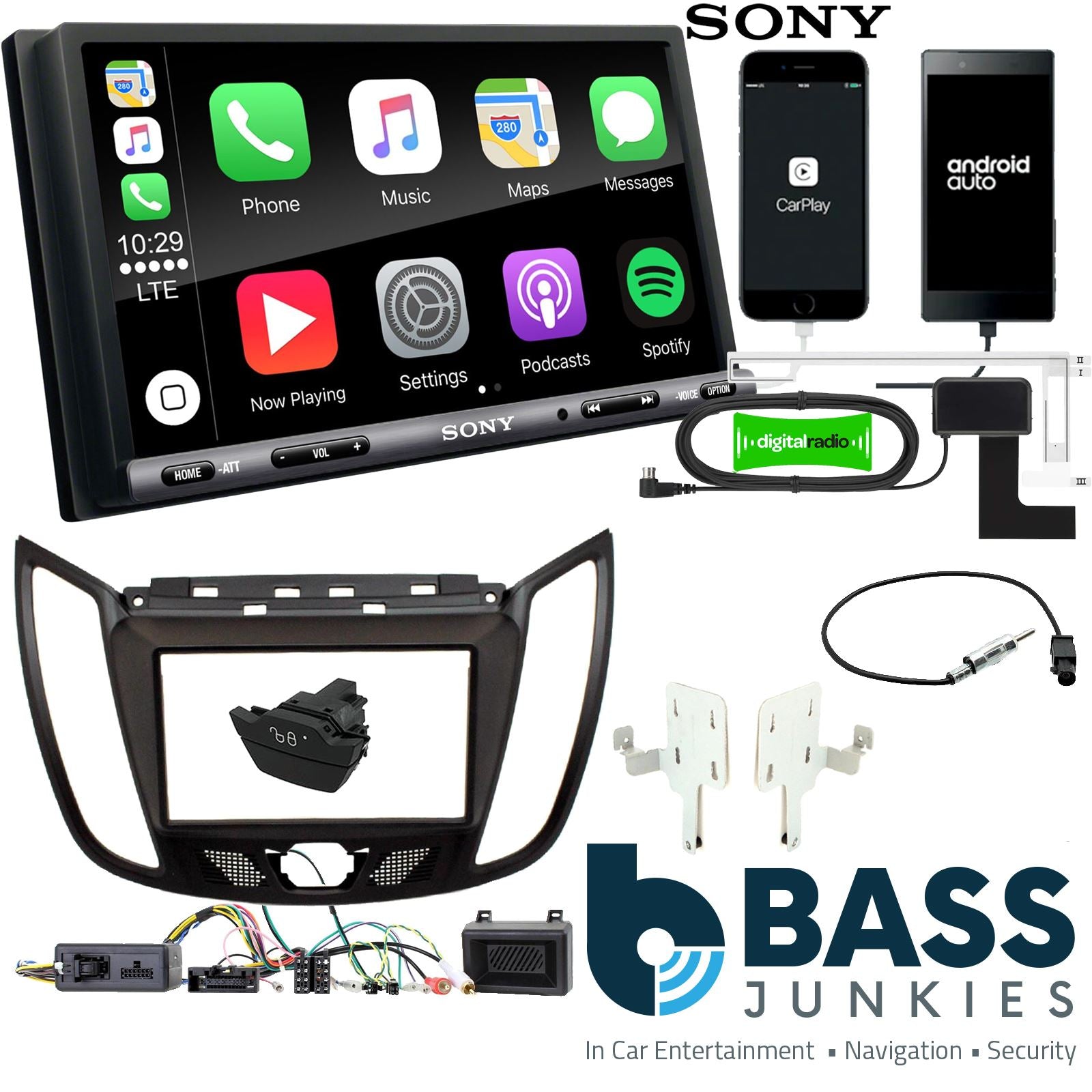 SONY DAB+ Apple | Android Double Din Stereo Fitting Kit + Steering Wheel Stalk Controls to fit Ford Kuga 2013-