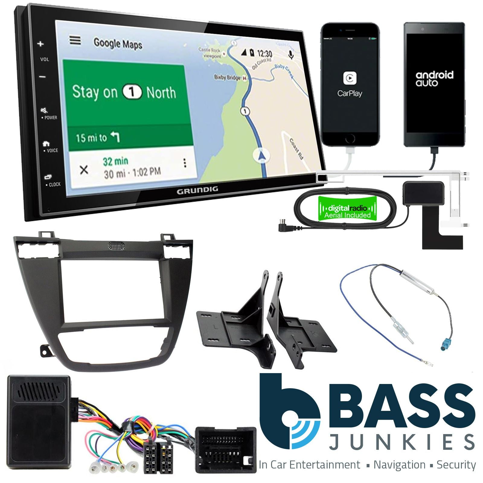 Grundig 6.8" Apple Android Double Din Stereo Fitting Kit + Steering Wheel Stalk Controls to fit Vauxhall Insignia 2008-13