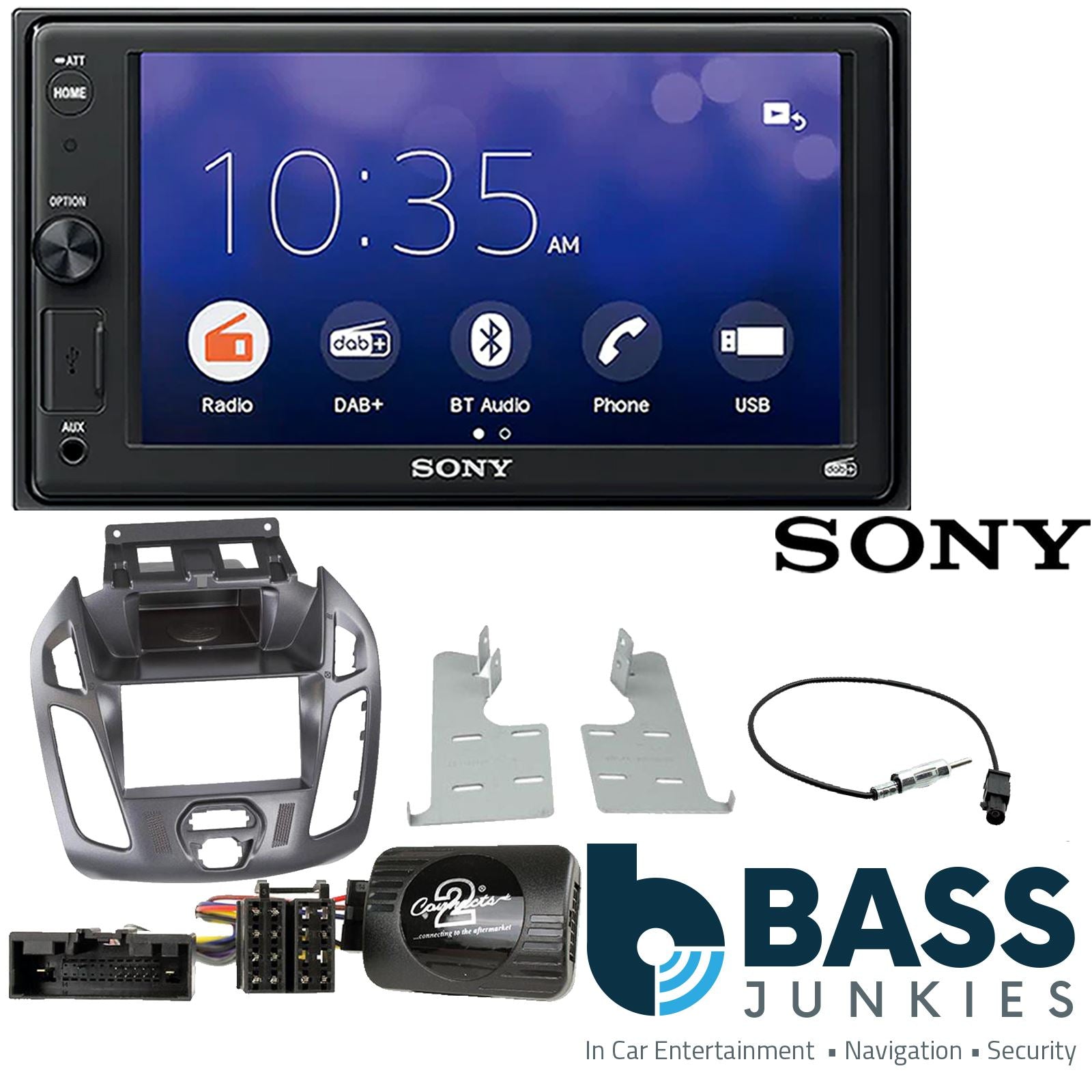 SONY 6.2" Screen Blutooth Double Din Stereo Fitting Kit + Steering Wheel Stalk Controls to fit Ford Transit-Connect 13-21