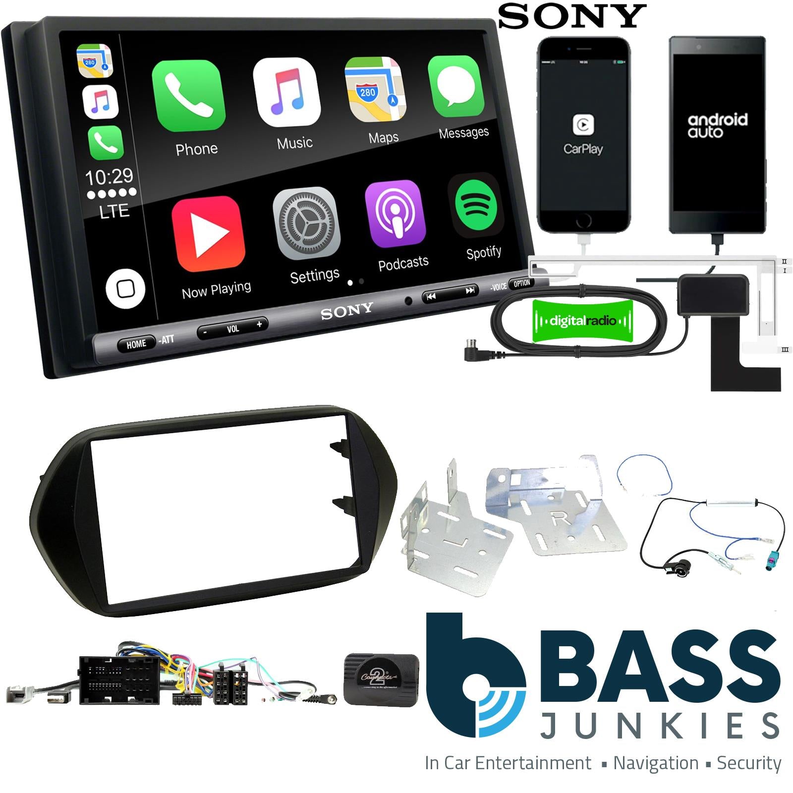 SONY DAB+ Apple | Android Double Din Stereo Fitting Kit + Steering Wheel Stalk Controls to fit Fiat Tipo 2015-21