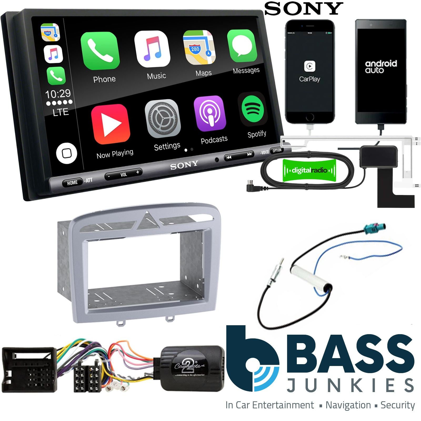 SONY DAB+ Apple | Android Double Din Stereo Fitting Kit + Steering Wheel Stalk Controls to fit Peugeot 308 2007-13