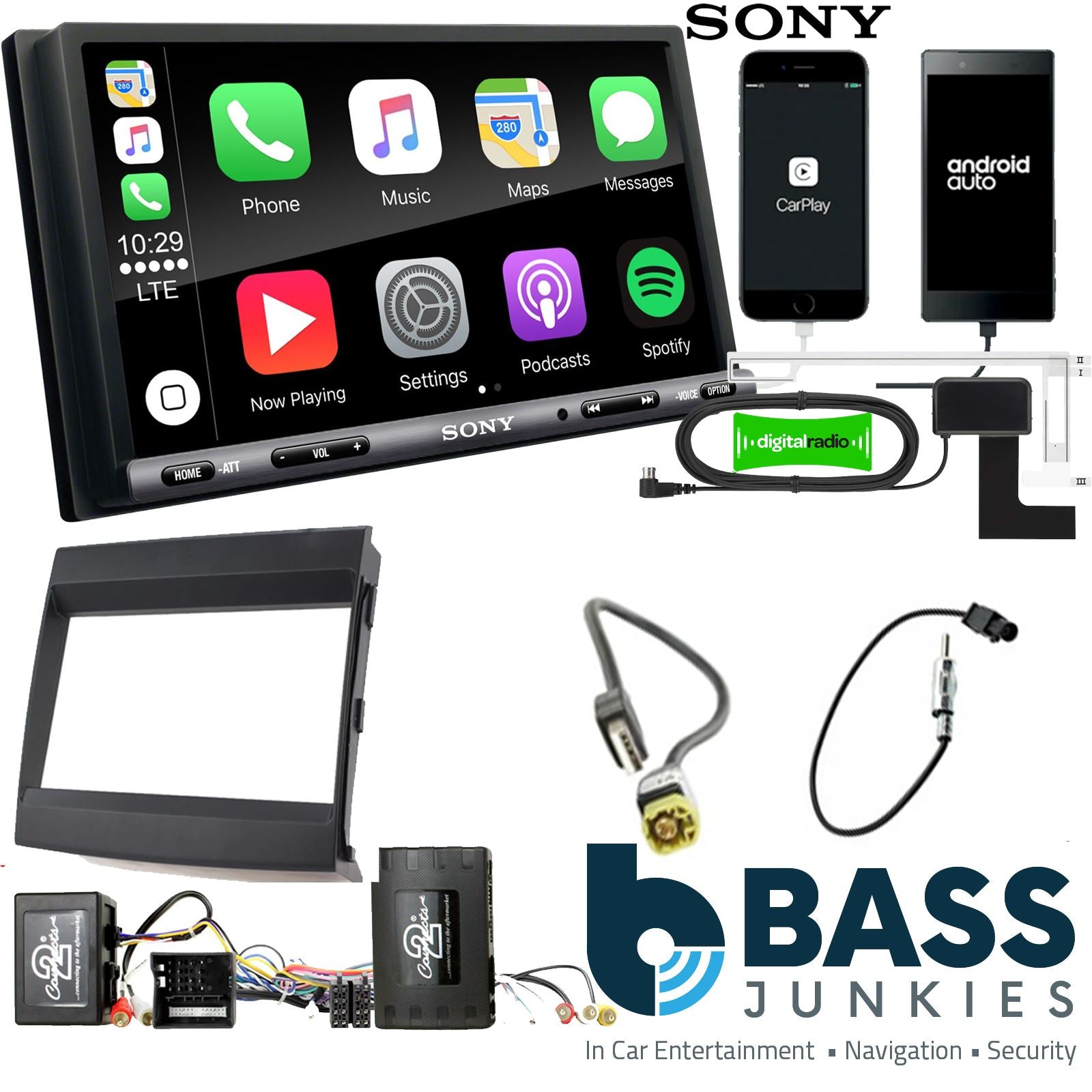 SONY DAB+ Apple | Android Double Din Stereo Fitting Kit + Steering Wheel Stalk Controls to fit Porsche Cayenne 2011-16