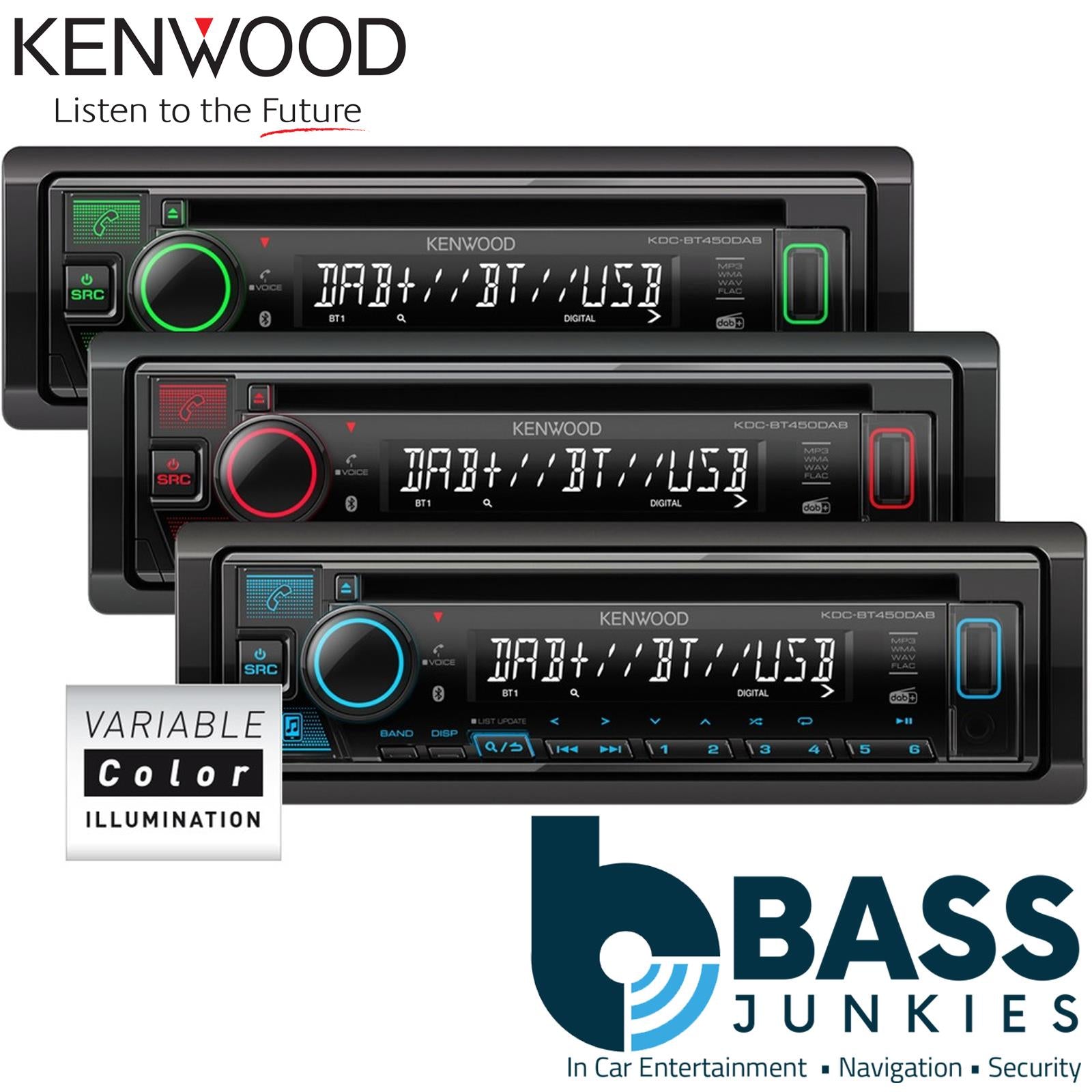 Kenwood KDC-BT450DAB Car Stereo DAB Radio/CD/MP3/Bluetooth/IPOD/IPHONE/ANDROID control/Amazon Alexa/Spotify App Link/Front USB/Front Aux-In/External Microphone/Red llumination/INCLUDES DAB AERIAL