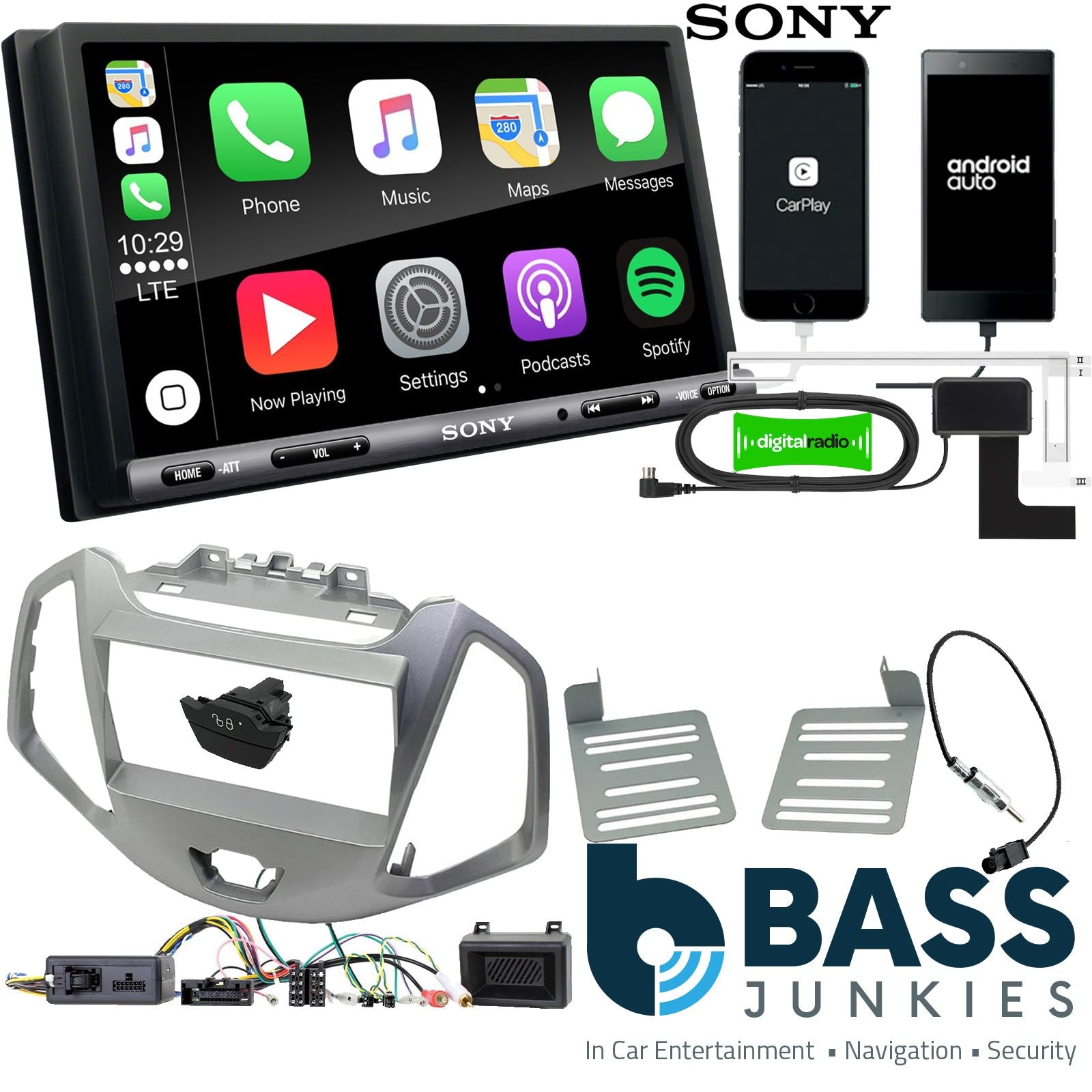 SONY DAB+ Apple | Android Double Din Stereo Fitting Kit + Steering Wheel Stalk Controls to fit Ford Ecosport 2013-21
