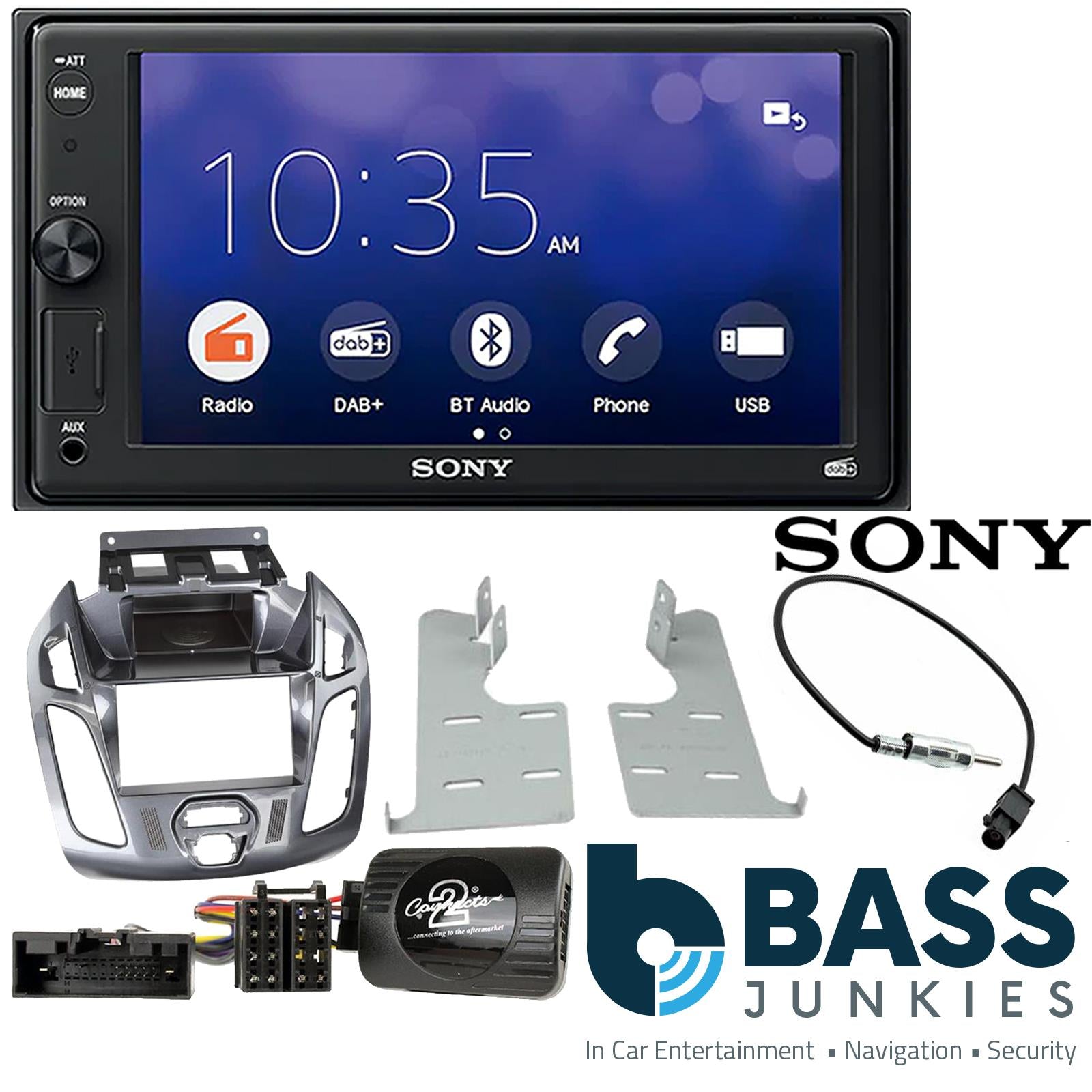 SONY 6.2" Screen Blutooth Double Din Stereo Fitting Kit + Steering Wheel Stalk Controls to fit Ford Transit-Connect 13-21