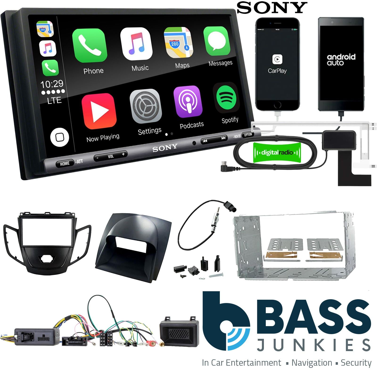 SONY DAB+ Apple | Android Double Din Stereo Fitting Kit + Steering Wheel Stalk Controls to fit Ford Fiesta 2010-12