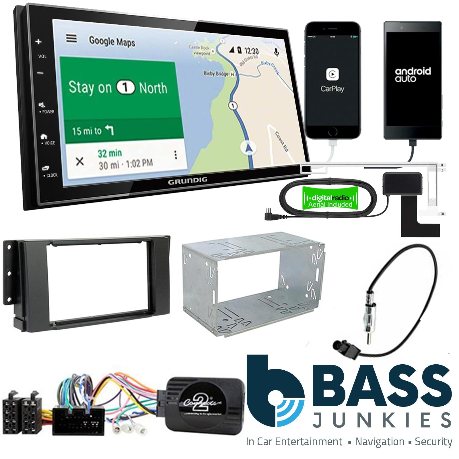 Grundig 6.8" Apple Android Double Din Stereo Fitting Kit + Steering Wheel Stalk Controls to fit Land Rover Freelander 06-14 | Land Rover Range-Rover-Sport 05-09