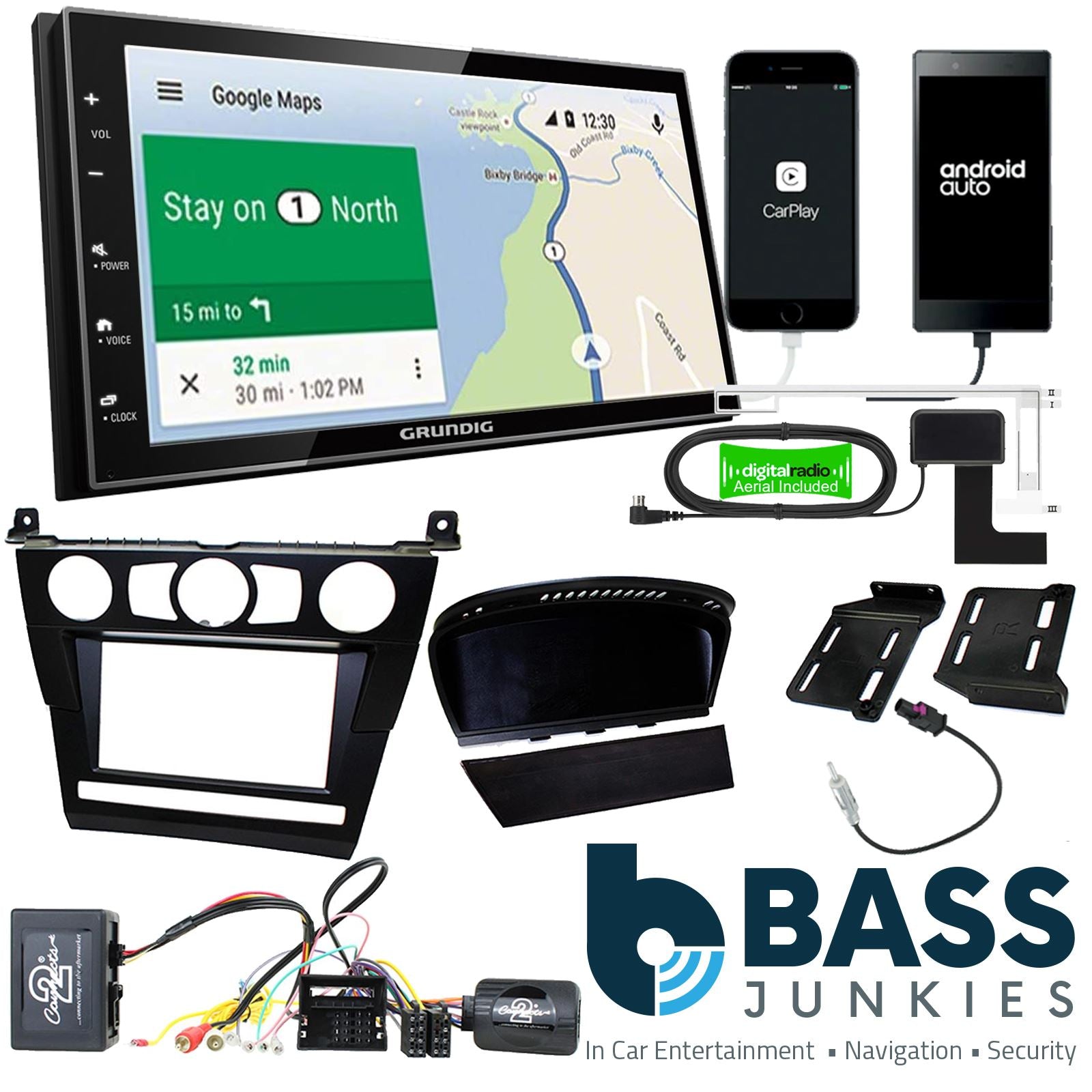Grundig 6.8" Apple Android Double Din Stereo Fitting Kit + Steering Wheel Stalk Controls to fit BMW 5-Series 2003-07