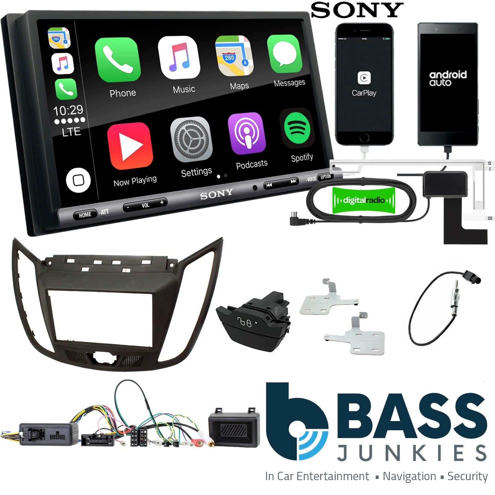 SONY DAB+ Apple | Android Double Din Stereo Fitting Kit + Steering Wheel Stalk Controls to fit Ford C-Max 2010-