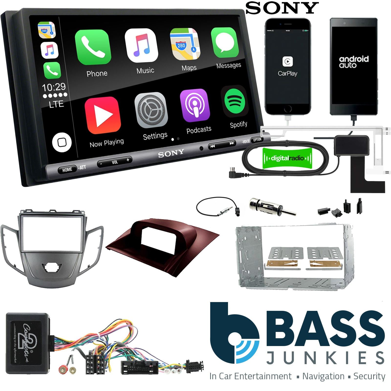 SONY DAB+ Apple | Android Double Din Stereo Fitting Kit + Steering Wheel Stalk Controls to fit Ford Fiesta 2010-12