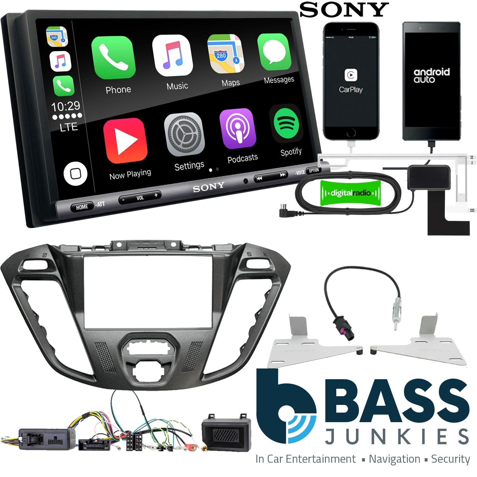 SONY DAB+ Apple | Android Double Din Stereo Fitting Kit + Steering Wheel Stalk Controls to fit Ford Transit-Custom 12-16