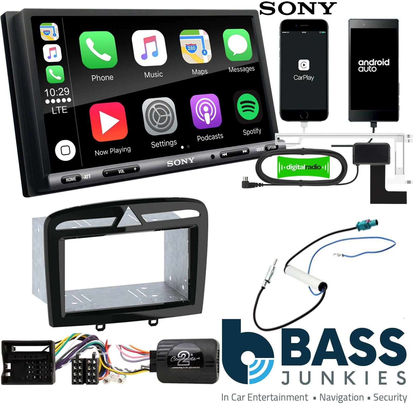 SONY DAB+ Apple | Android Double Din Stereo Fitting Kit + Steering Wheel Stalk Controls to fit Peugeot 308 2007-13