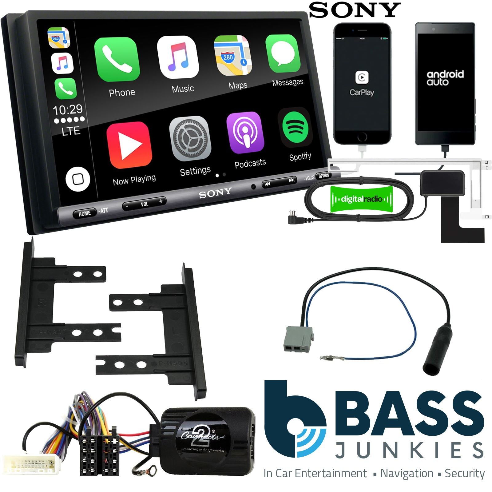 SONY DAB+ Apple | Android Double Din Stereo Fitting Kit + Steering Wheel Stalk Controls to fit Nissan Note 2008-12