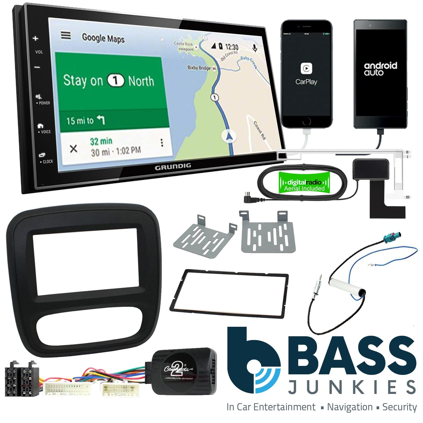 Grundig 6.8" Apple Android Double Din Stereo Fitting Kit + Steering Wheel Stalk Controls to fit Renault Trafic 2014-17