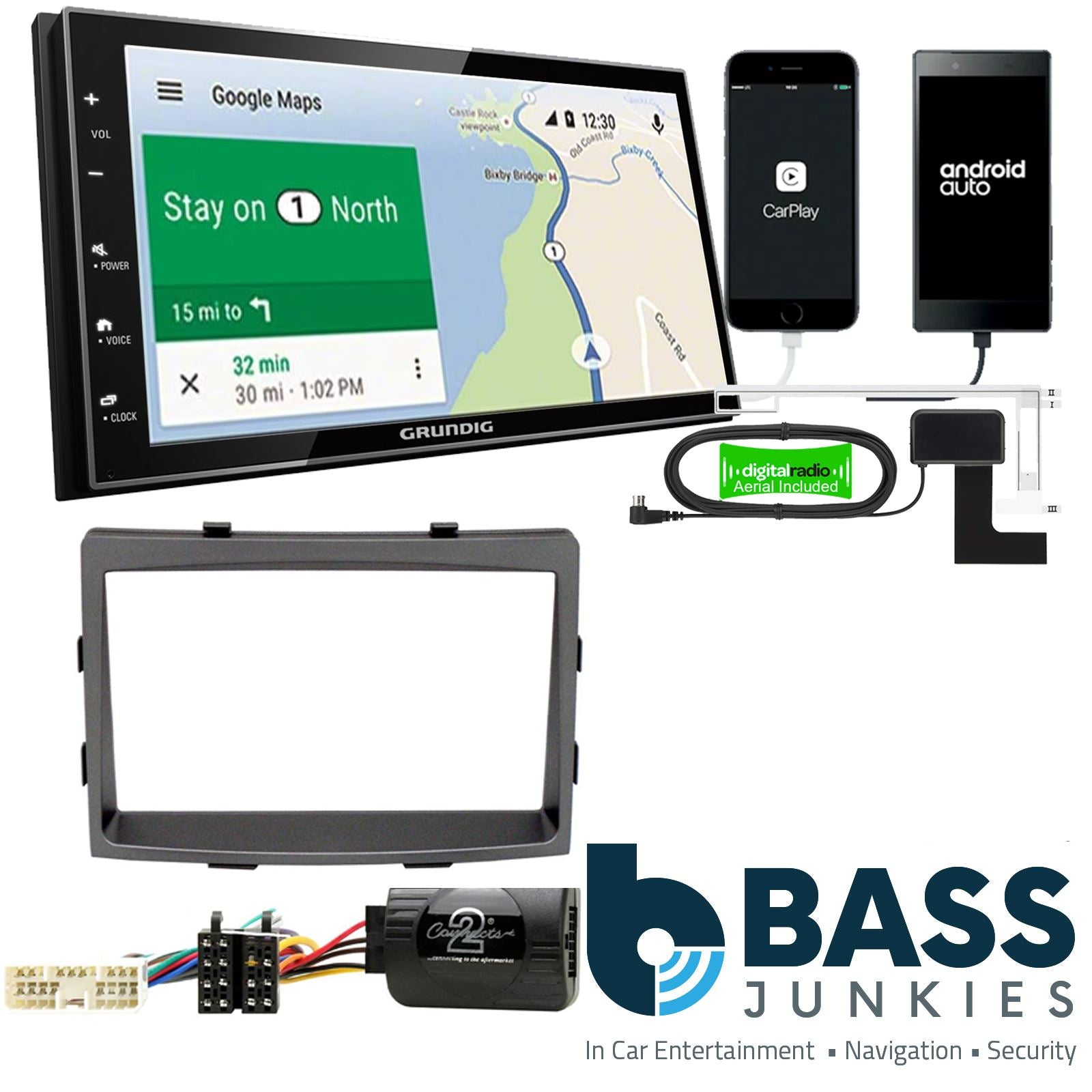Grundig 6.8" Apple Android Double Din Stereo Fitting Kit + Steering Wheel Stalk Controls to fit SsangYong Rodius 2013-18