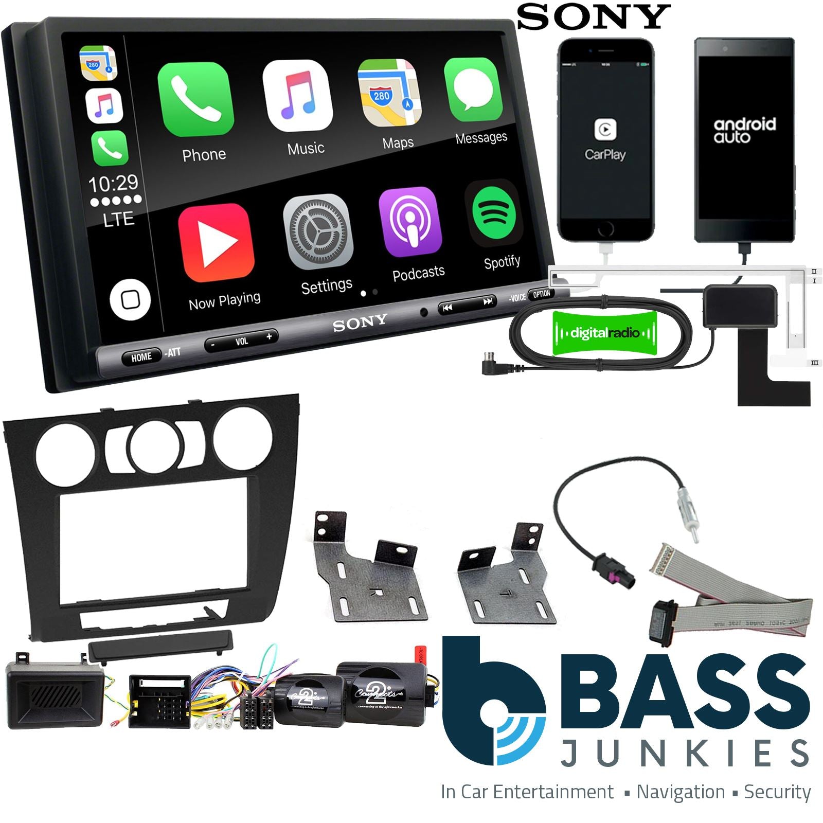 SONY DAB+ Apple | Android Double Din Stereo Fitting Kit + Steering Wheel Stalk Controls to fit BMW 1-Series 2007-13