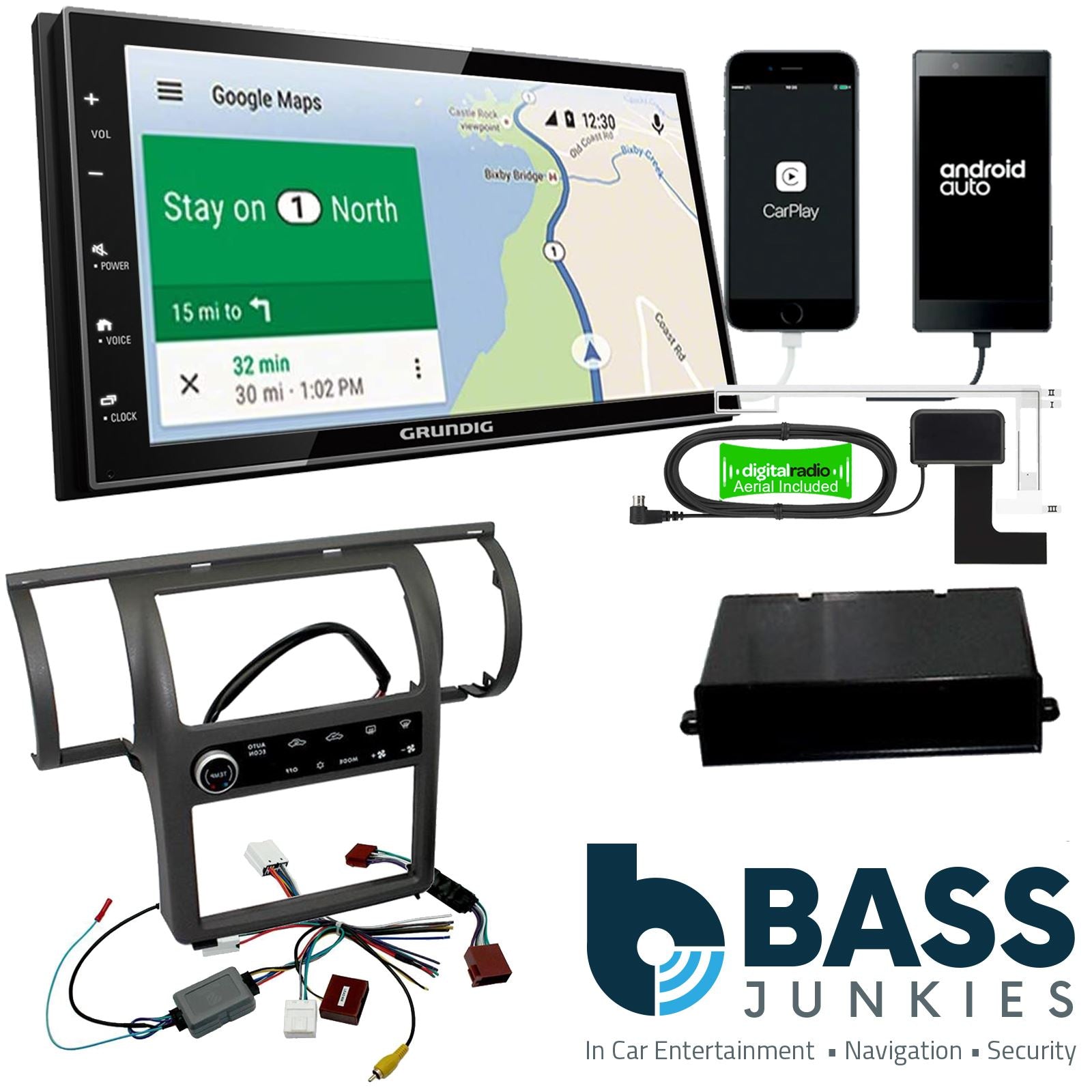 Grundig 6.8" Apple Android Double Din Stereo Fitting Kit + Steering Wheel Stalk Controls to fit Nissan Skyline 2003-04 | Infiniti G35 2003-04