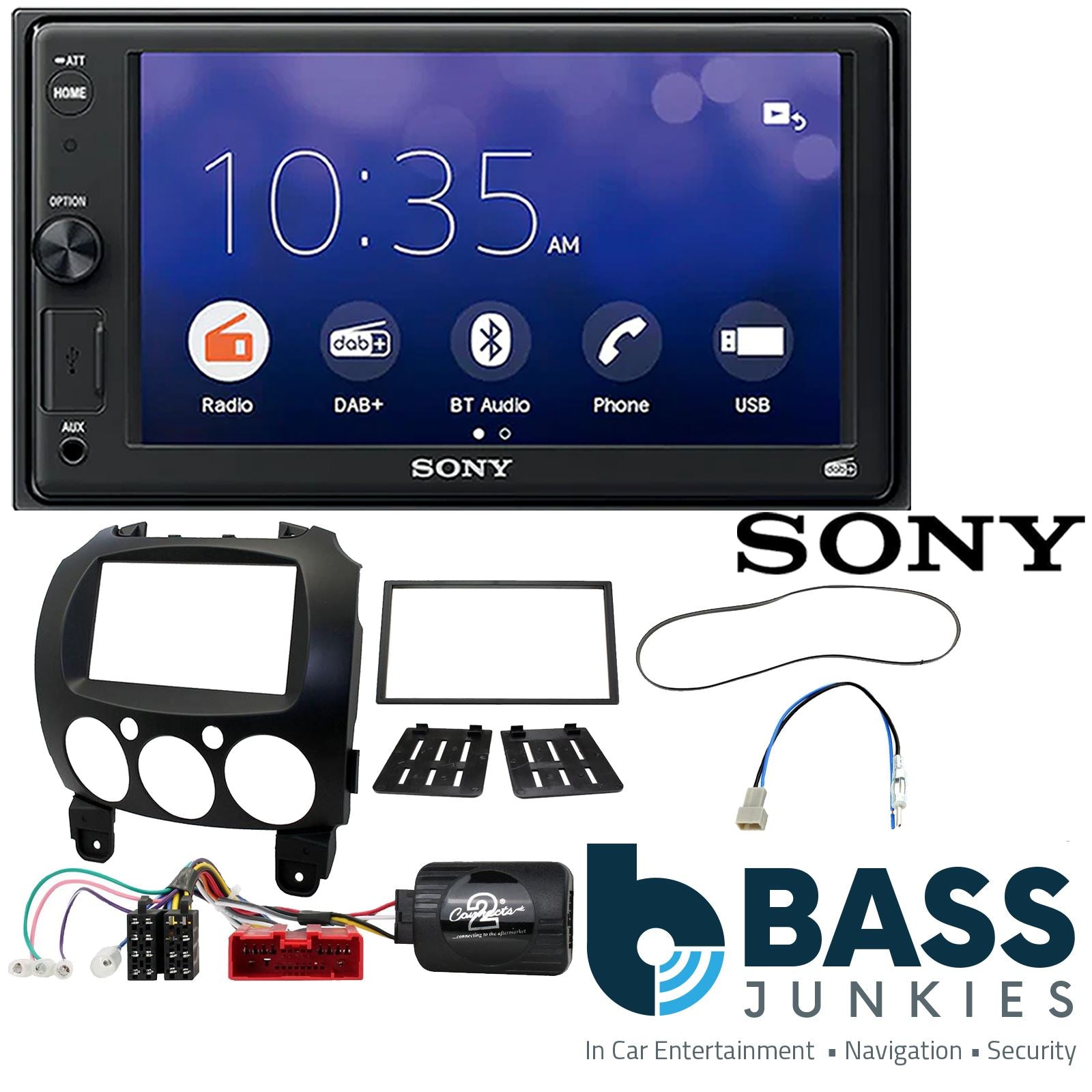SONY 6.2" Screen Blutooth Double Din Stereo Fitting Kit + Steering Wheel Stalk Controls to fit Mazda 2 2008-14