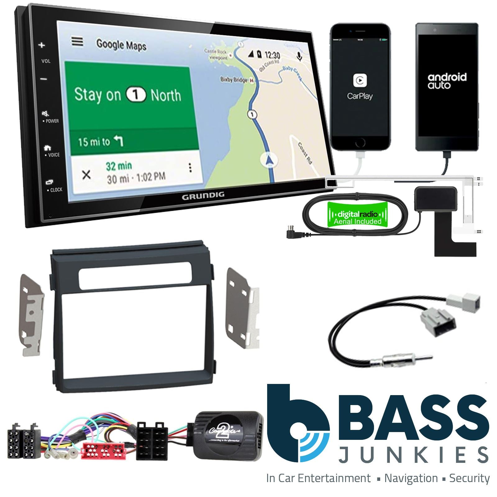 Grundig 6.8" Apple Android Double Din Stereo Fitting Kit + Steering Wheel Stalk Controls to fit Kia Soul 2012-14