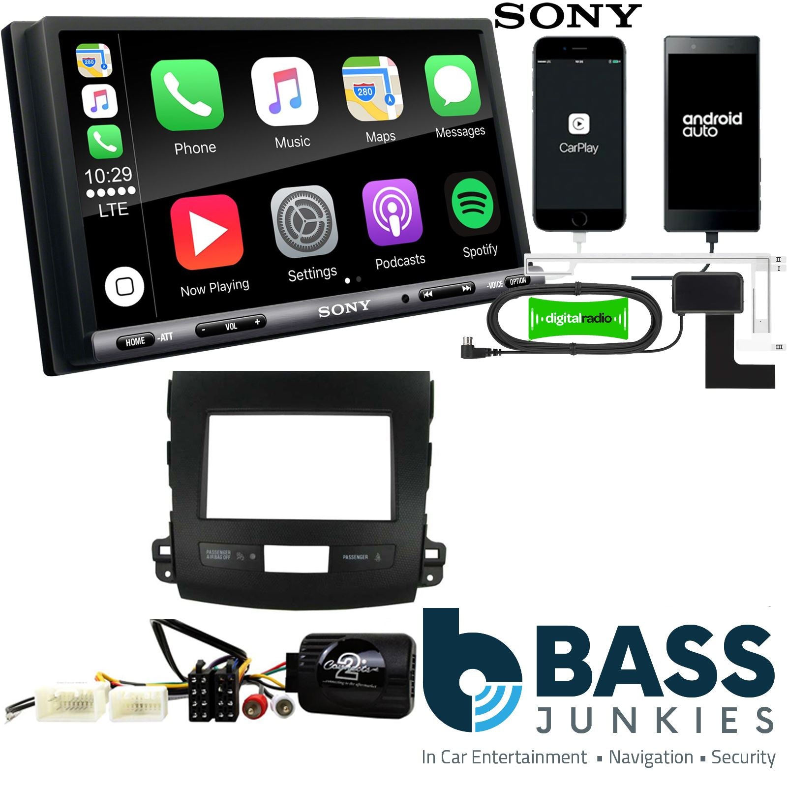 SONY DAB+ Apple | Android Double Din Stereo Fitting Kit + Steering Wheel Stalk Controls to fit Mitsubishi Outlander 10-13