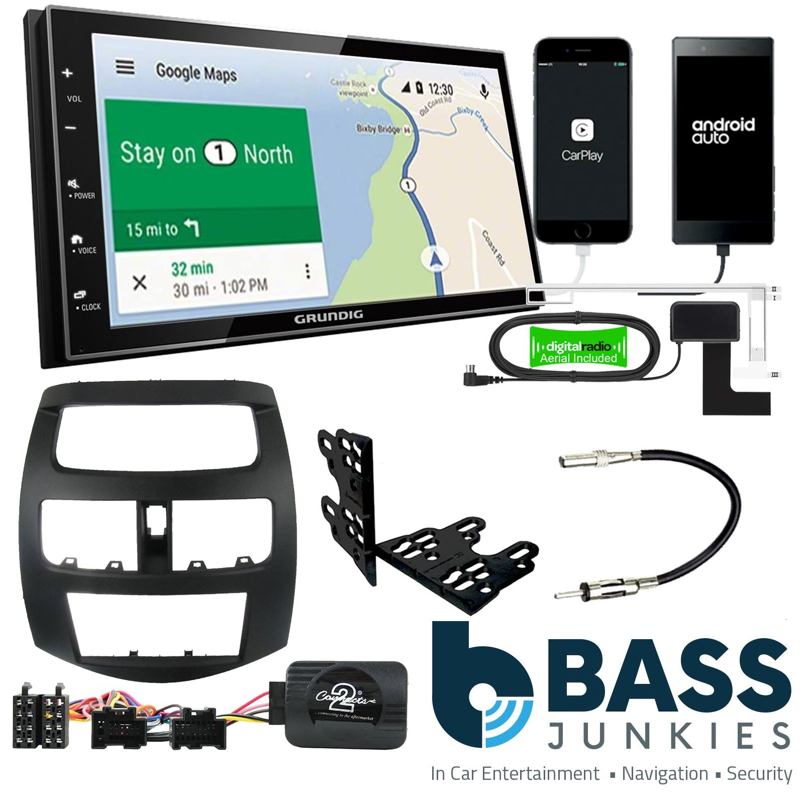Grundig 6.8" Apple Android Double Din Stereo Fitting Kit + Steering Wheel Stalk Controls to fit Chevrolet Spark 2010-12 | Chevrolet Beat 2010-12