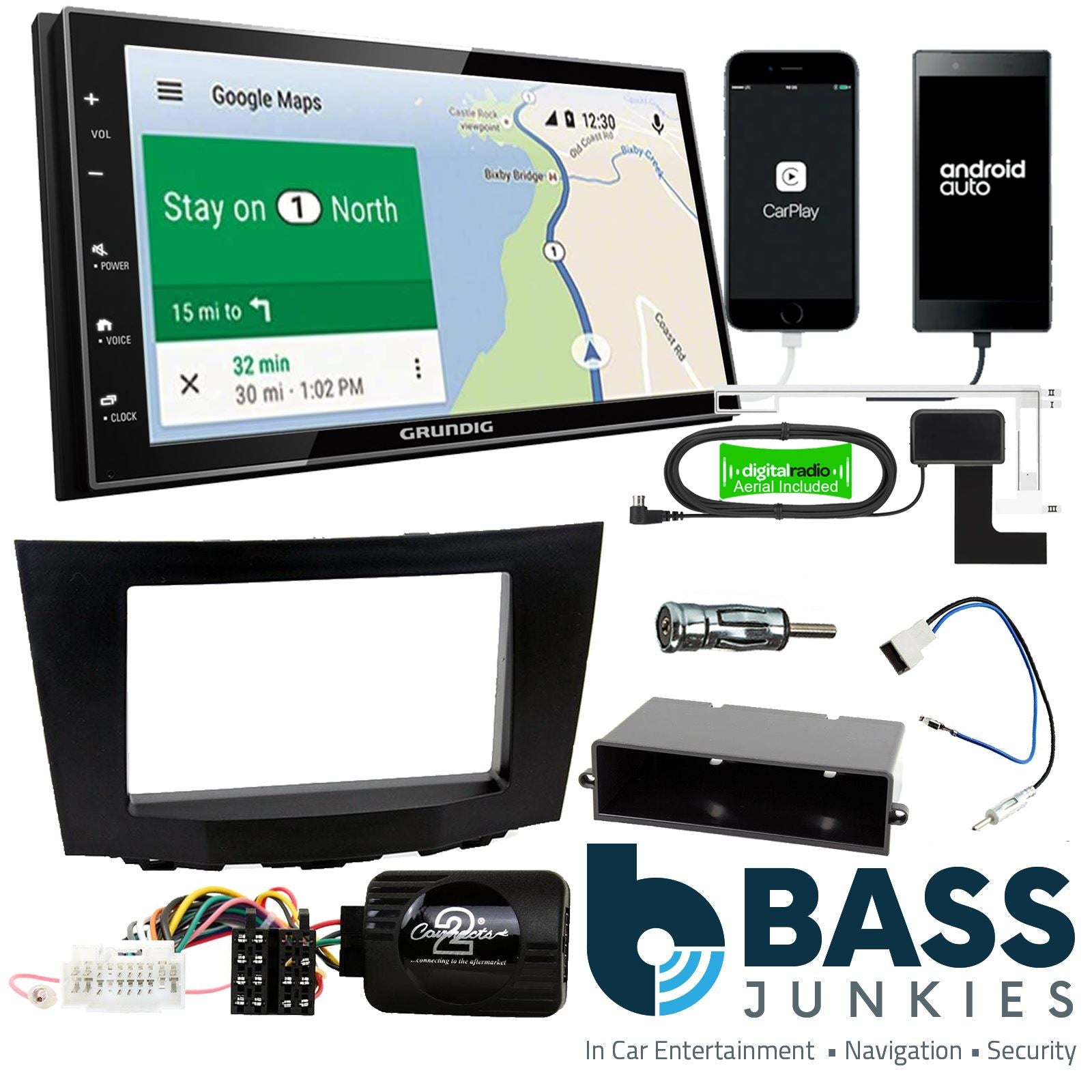 Grundig 6.8" Apple Android Double Din Stereo Fitting Kit + Steering Wheel Stalk Controls to fit Suzuki Kizashi 2010-16