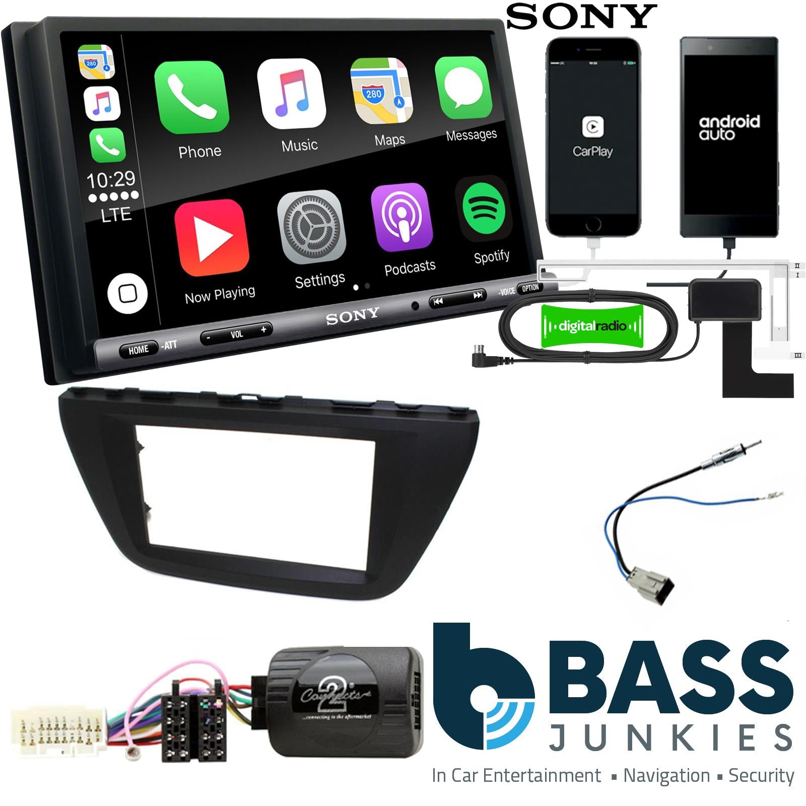 SONY DAB+ Apple | Android Double Din Stereo Fitting Kit + Steering Wheel Stalk Controls to fit Suzuki SX4-S-Cross 13-17