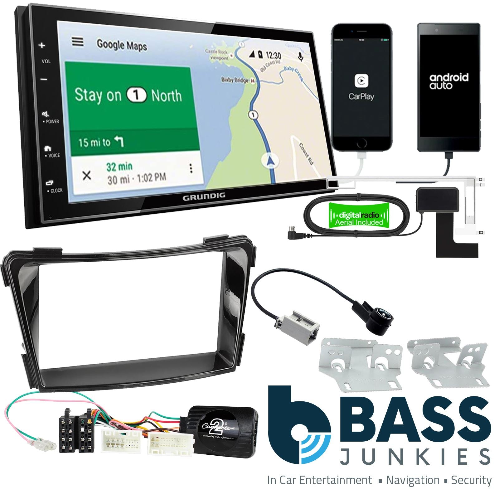 Grundig 6.8" Apple Android Double Din Stereo Fitting Kit + Steering Wheel Stalk Controls to fit Hyundai i40 2011-