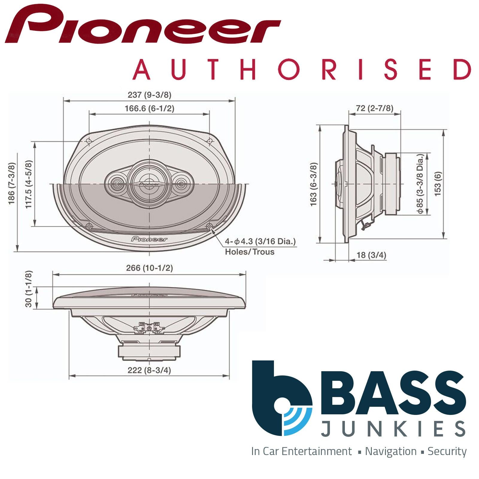 Pioneer TS-A6961F  6"x9" 4- Way 900 Watts a Pair 6x9" Coaxial Speakers  with Black 6"x9" Speaker Boxes & 8m of Oxygen Free 16AWG Speaker Cable