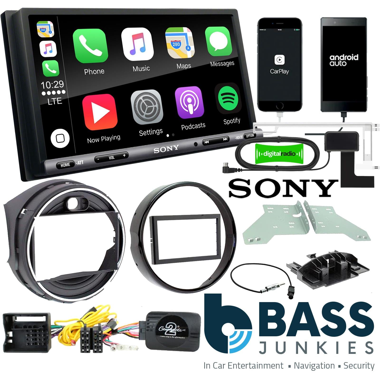 SONY DAB+ Apple | Android Double Din Stereo Fitting Kit + Steering Wheel Stalk Controls to fit BMW Mini 2013-16