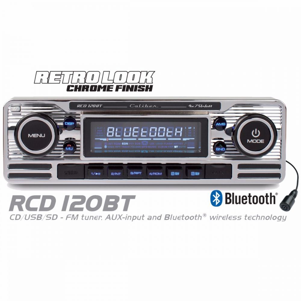 Caliber CALRCD120BT - Retro Style Bluetooth CD MP3 USB AUX SD Car Stereo Radio Player in Chrome Finish