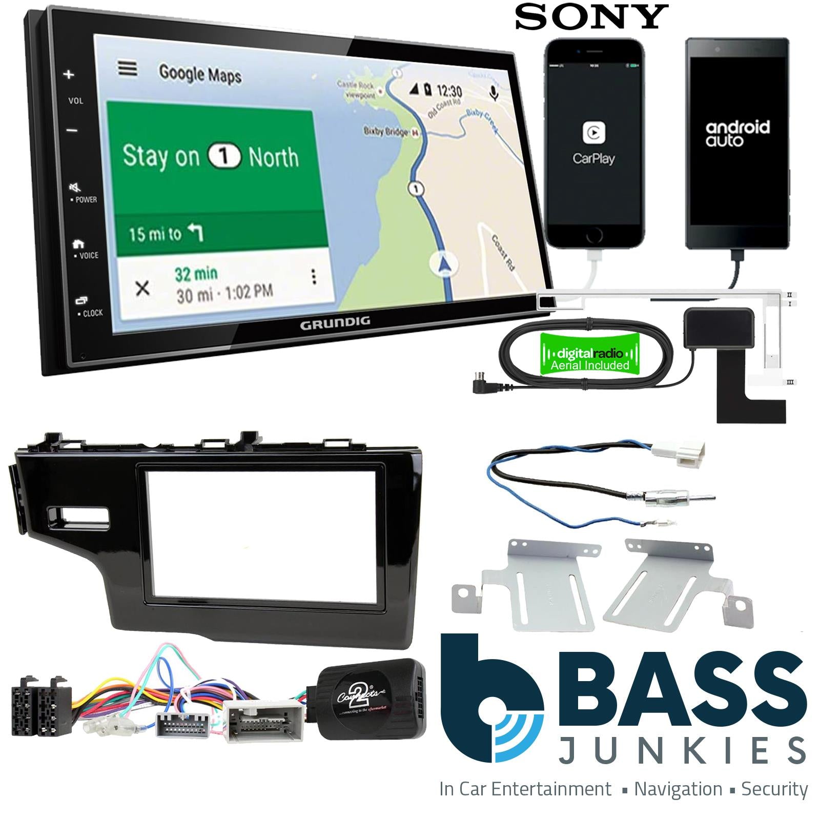 Grundig 6.8" Apple Android Double Din Stereo Fitting Kit + Steering Wheel Stalk Controls to fit Honda Fit 2014- | Honda Jazz 2014-