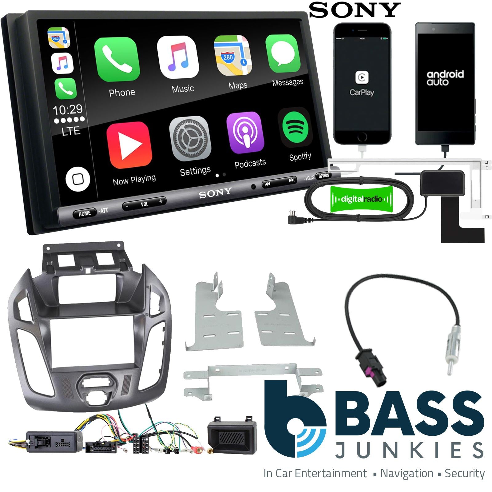 SONY DAB+ Apple | Android Double Din Stereo Fitting Kit + Steering Wheel Stalk Controls to fit Ford Transit-Connect 13-21